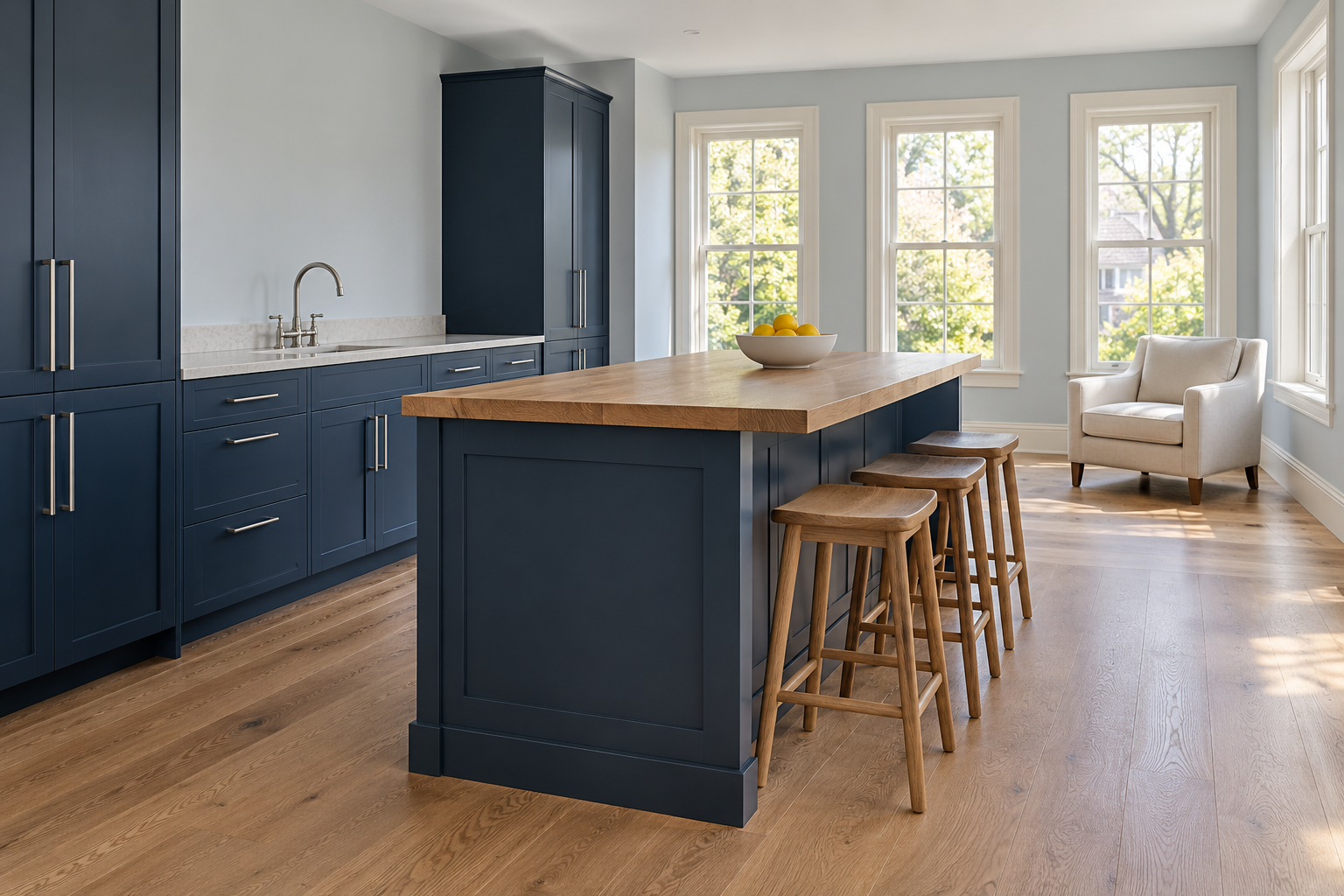 An open kitchen and sitting area with pale blue gray walls throughout, deep ink blue cabinets and island with an oak top, and a pale linen armchair at the far end.