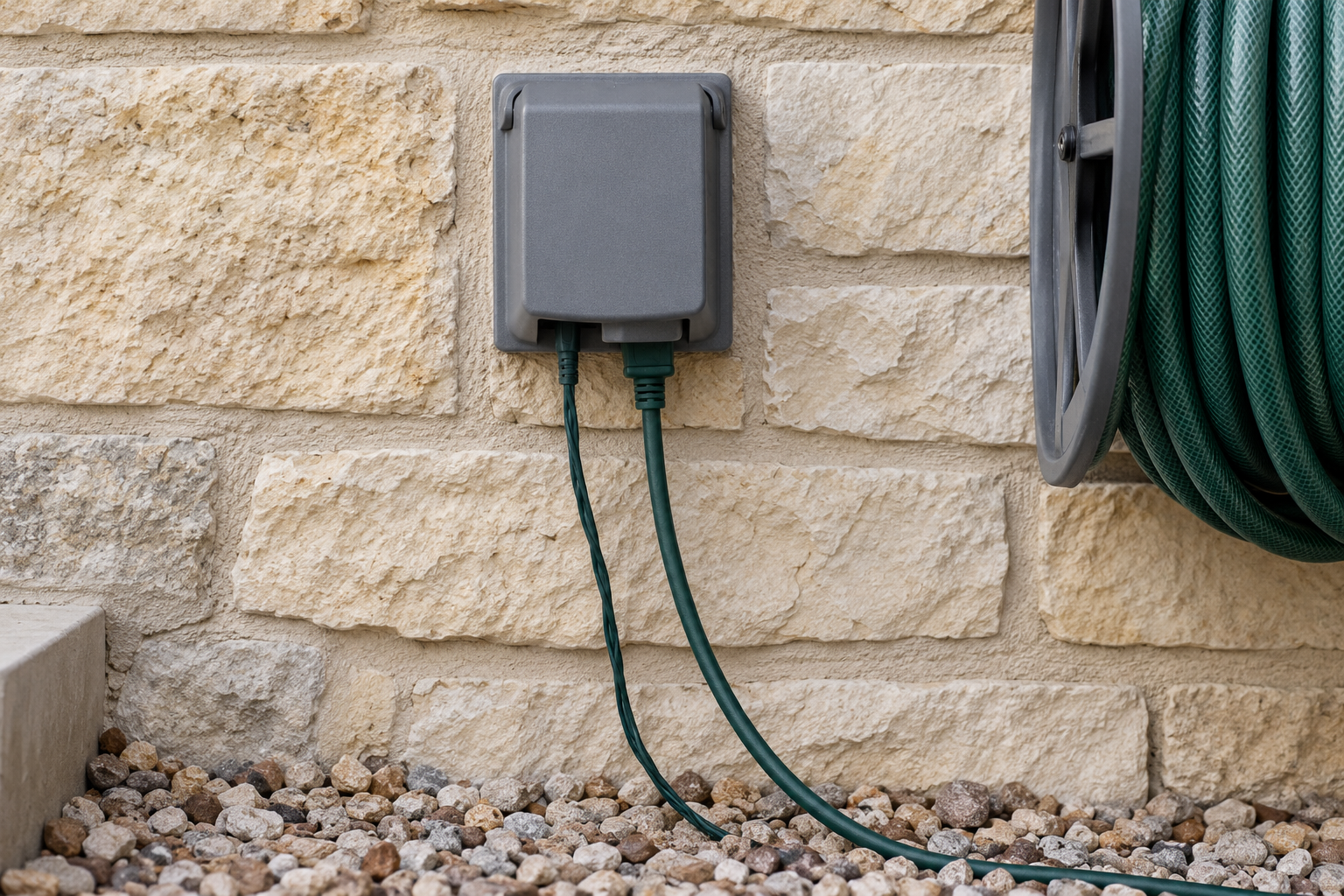 An outdoor outlet on a limestone wall with a gray weatherproof cover closed over the plugs and two green cords leaving through the bottom.