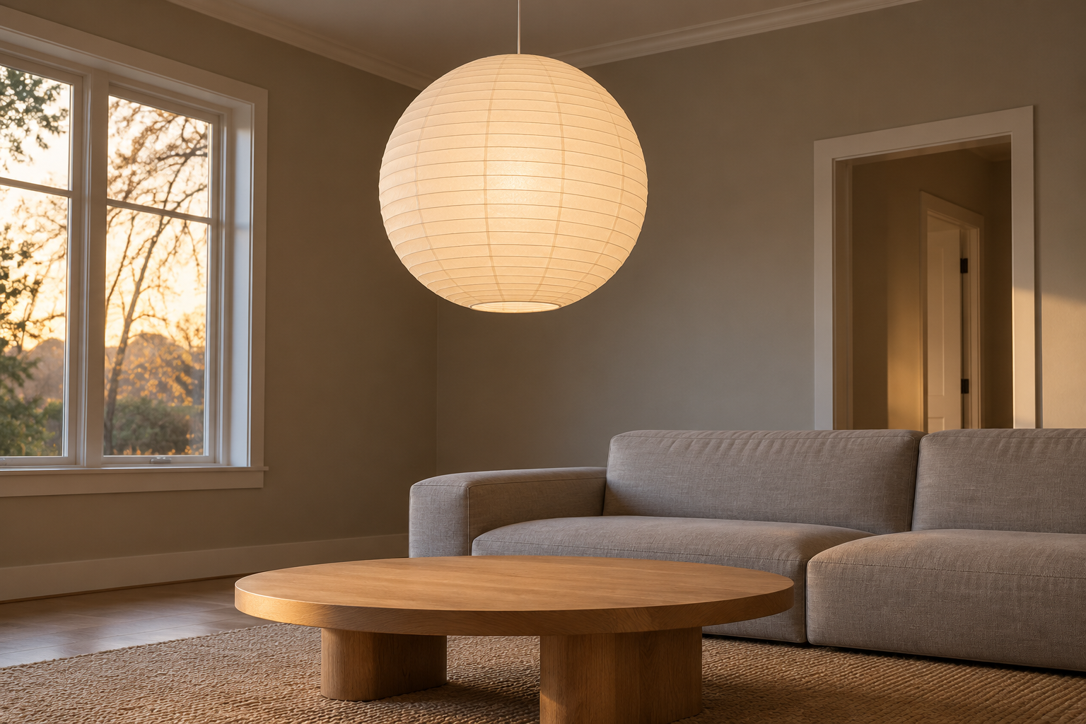 A large white paper lantern pendant lit over a low seating area, glowing evenly through its paper, in a living room with mushroom gray walls.