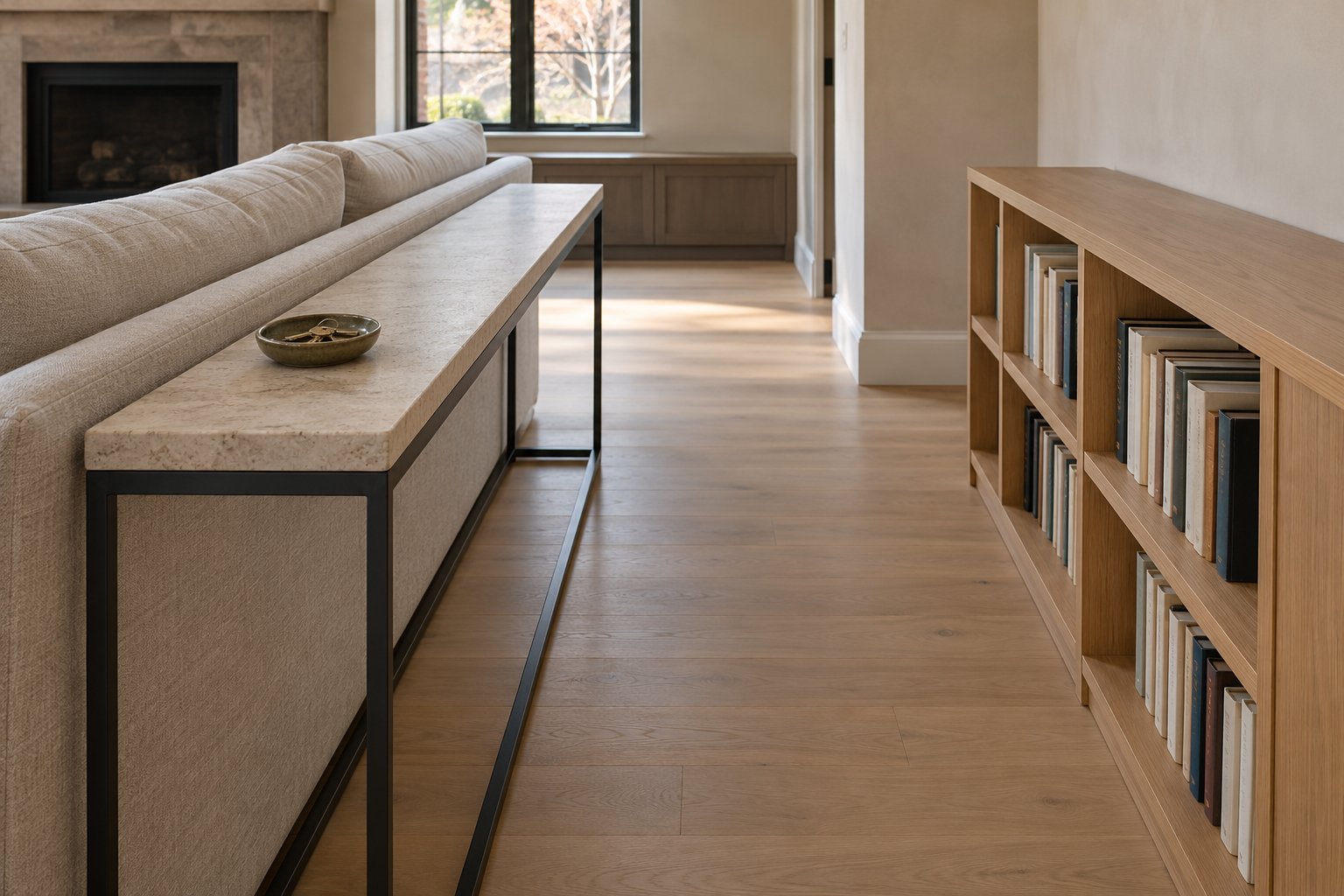 The walkway behind a sofa table, with the travertine table on one side and a low oak bookcase on the other, and a clear path between them wide enough to walk through easily.
