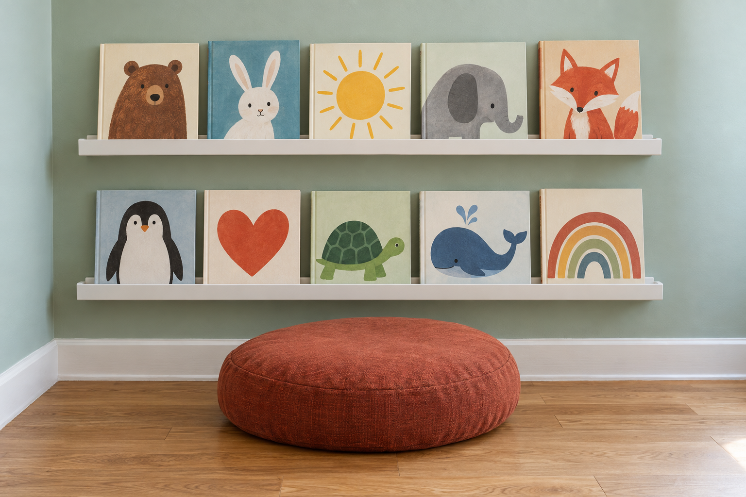 Two low white ledges on a mint green wall holding picture books with their covers facing out, above a floor cushion.