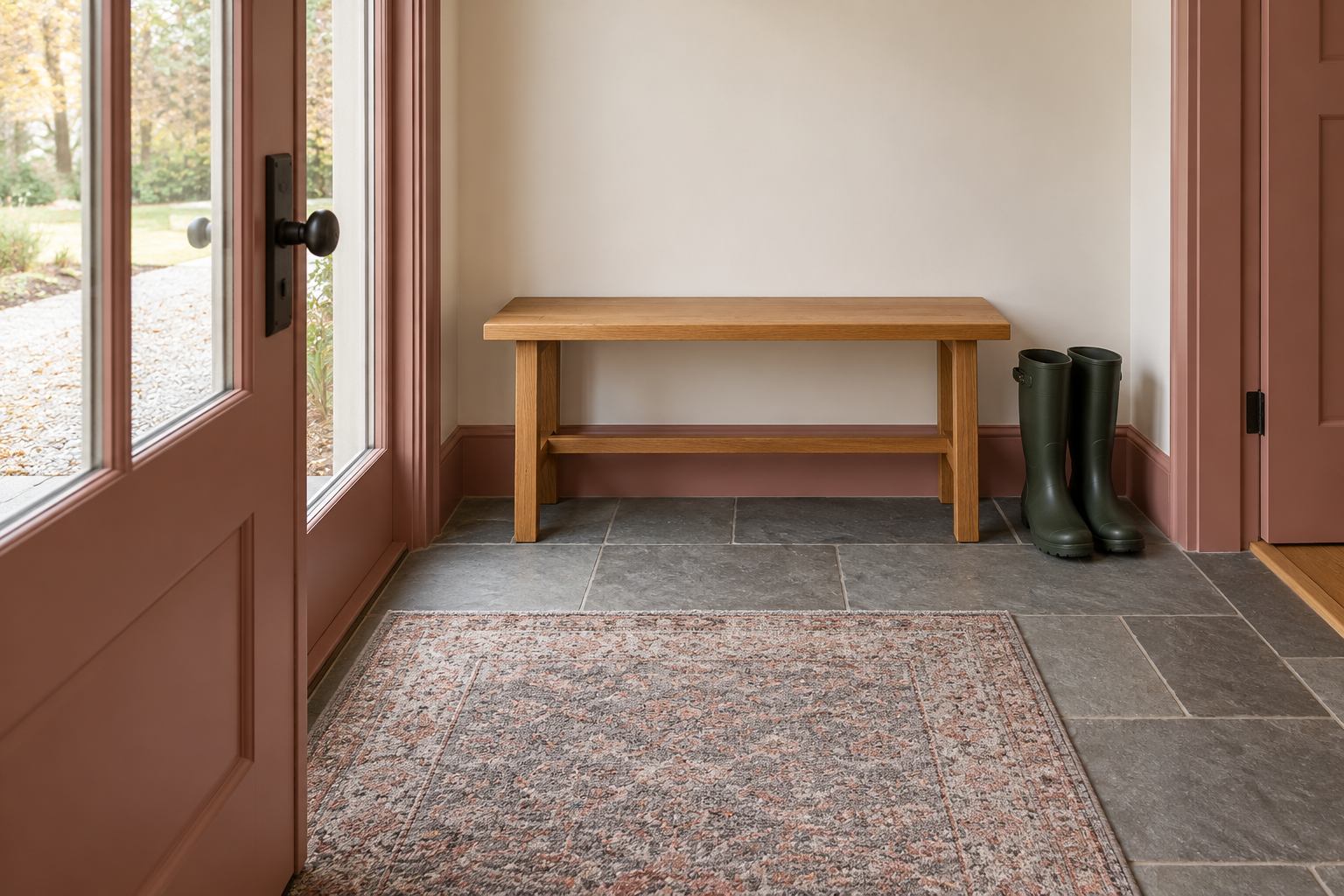A low-pile polypropylene rug with a gray and dusty rose pattern inside a back door, beside a bench with one pair of boots.
