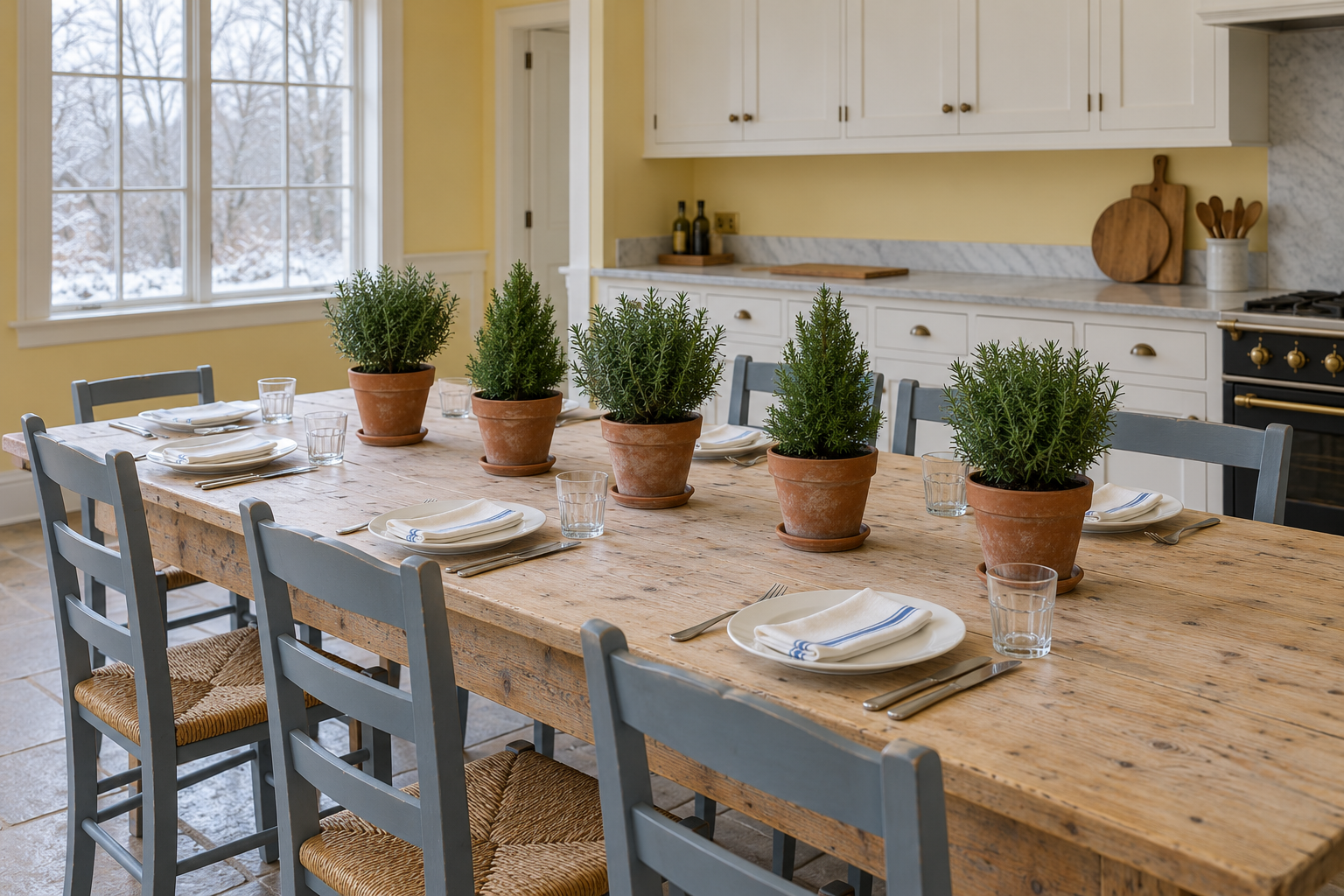 Five small rosemary and dwarf conifer trees in terracotta pots in a row down a scrubbed pine kitchen table set for six.