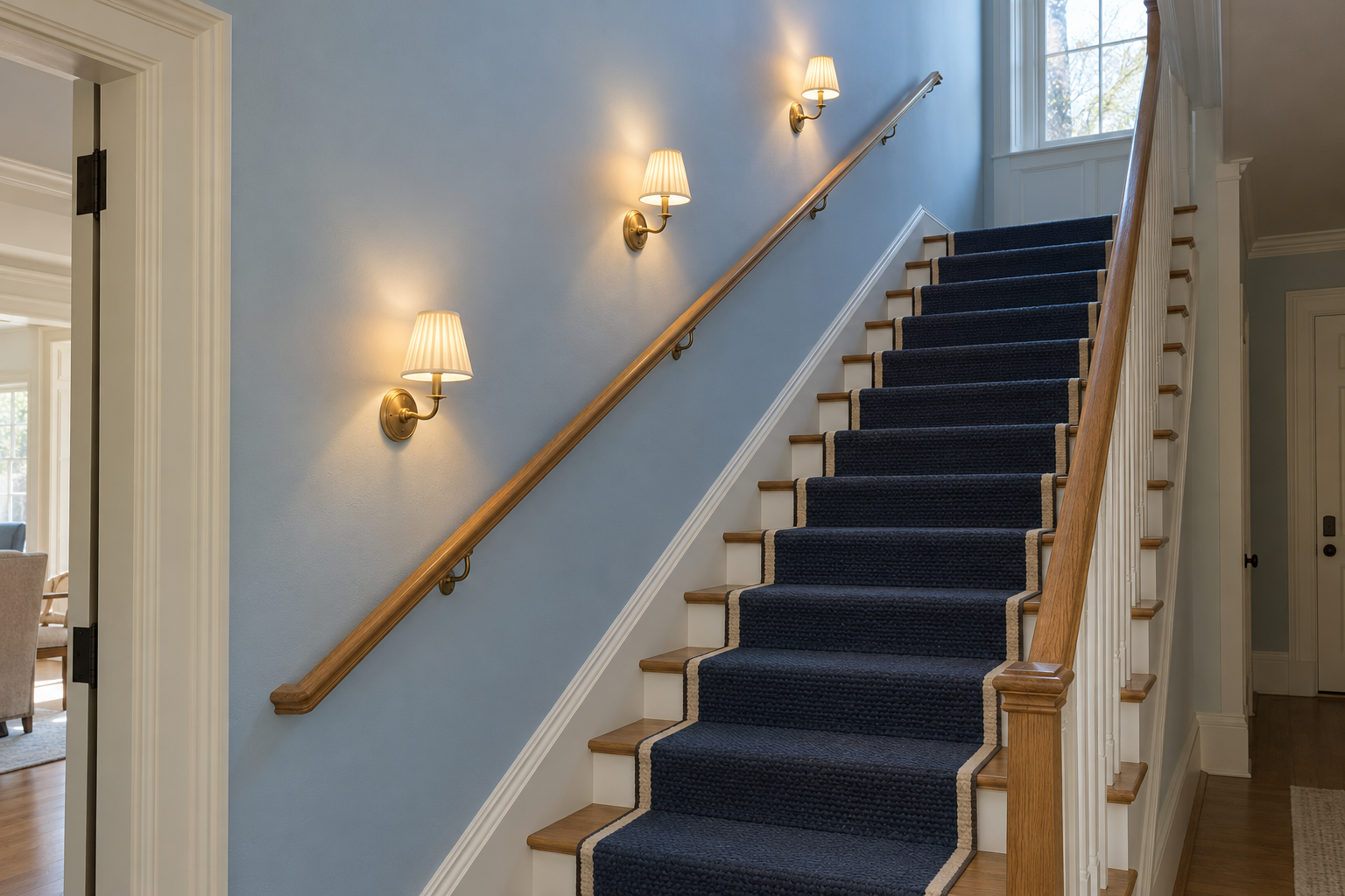 Three brass wall sconces rising up a staircase wall in a line parallel to the oak handrail below them.