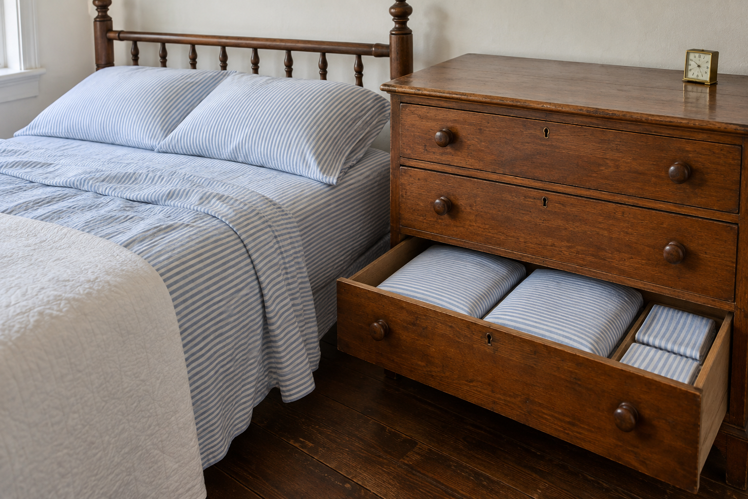 A pine chest of drawers with the bottom drawer open, holding spare sheet sets beside the bed they fit.