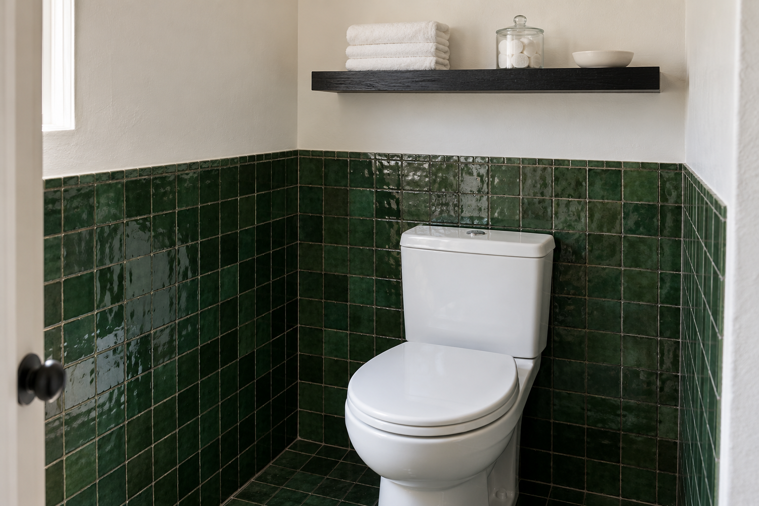 A black oak floating shelf above a toilet in a small bathroom with green zellige tile, set well above the tank with folded towels and a jar on it.
