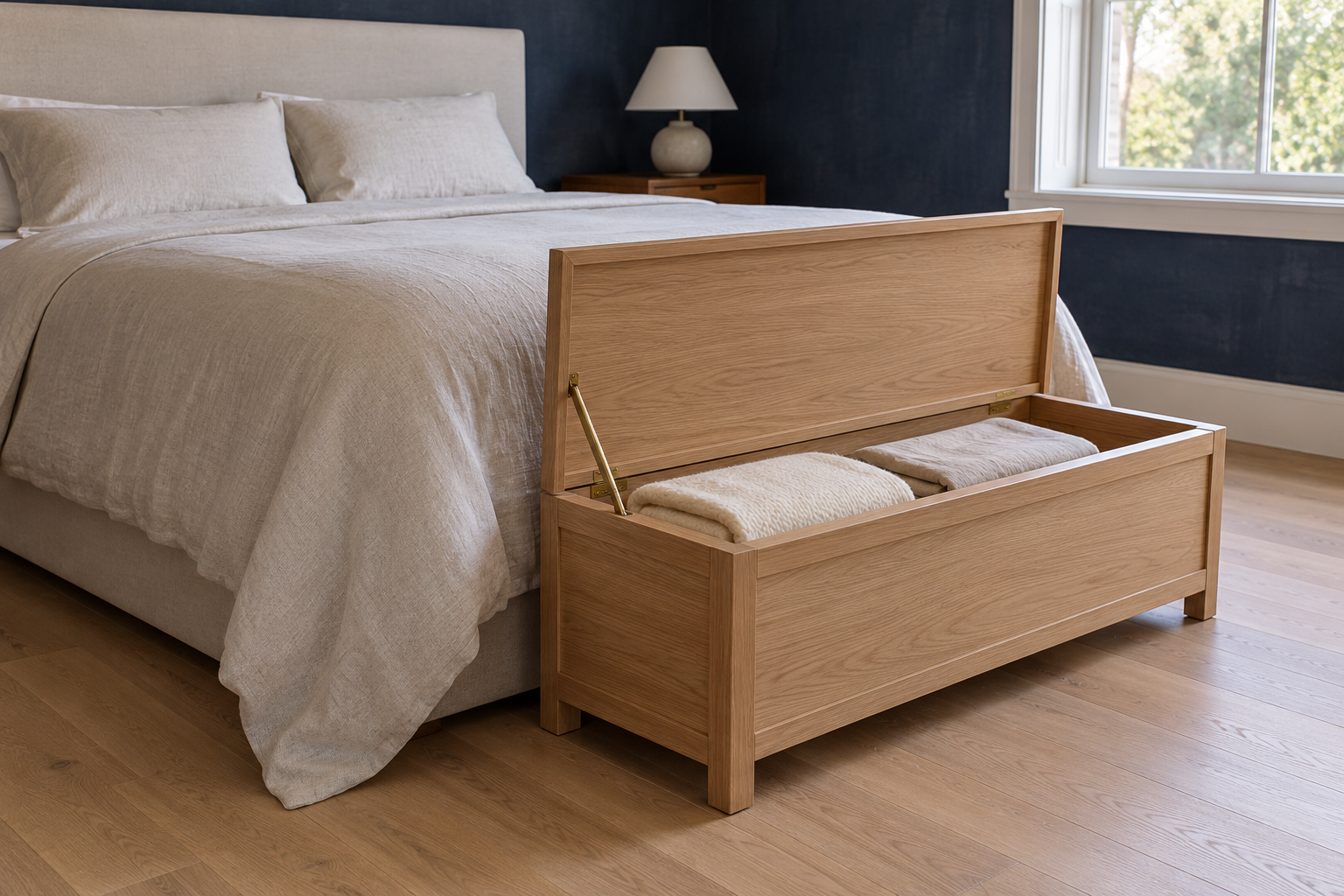 A pale oak storage bench at the foot of a bed with its lid lifted upright and held by a brass stay, and a folded blanket and sheet inside.