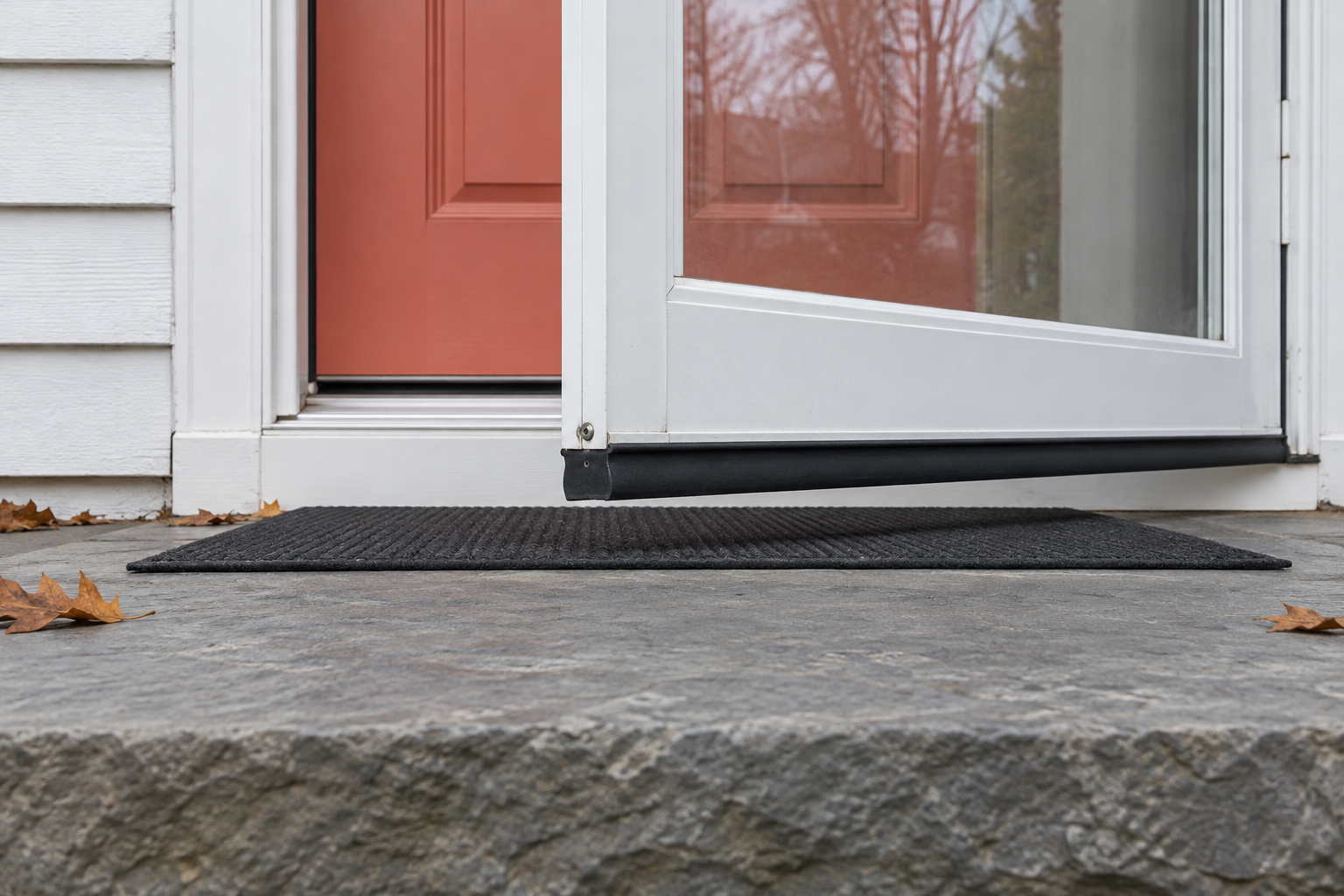 A glass storm door standing half open above a thin charcoal doormat on a stone step, seen from low down at the side, with a small gap between the door and the mat.