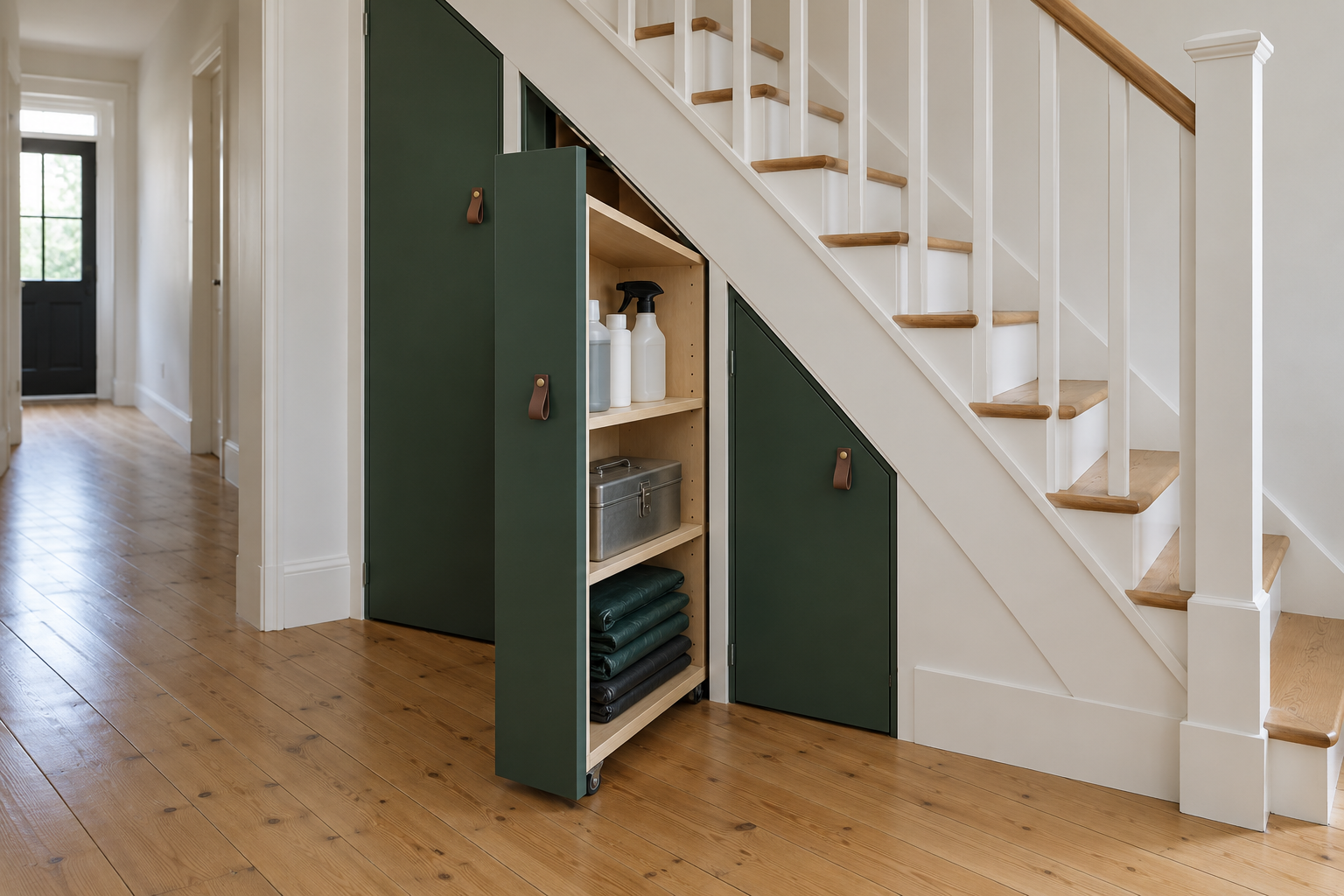 Three tall dark green storage units under a staircase, one rolled out into the room to show shelves along its side.