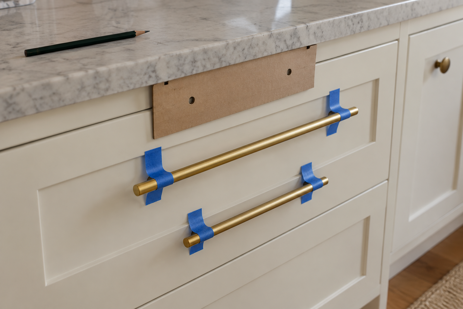 Two brass pulls of different lengths taped to an undrilled cream drawer front, with a cardboard drilling template hooked over its edge.