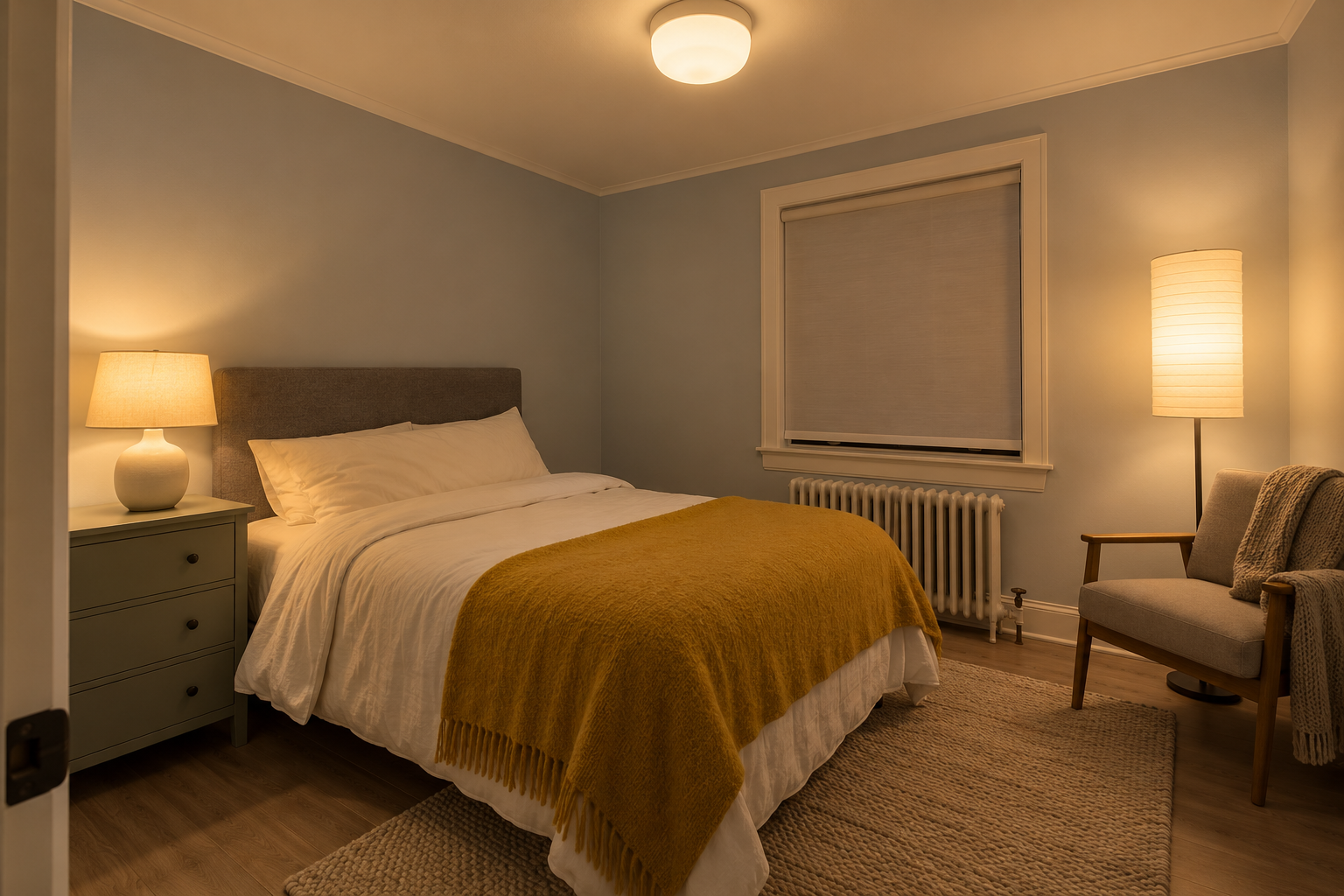 A small bedroom in the evening with a ceiling light, a bedside lamp, and a floor lamp all giving the same warm light.
