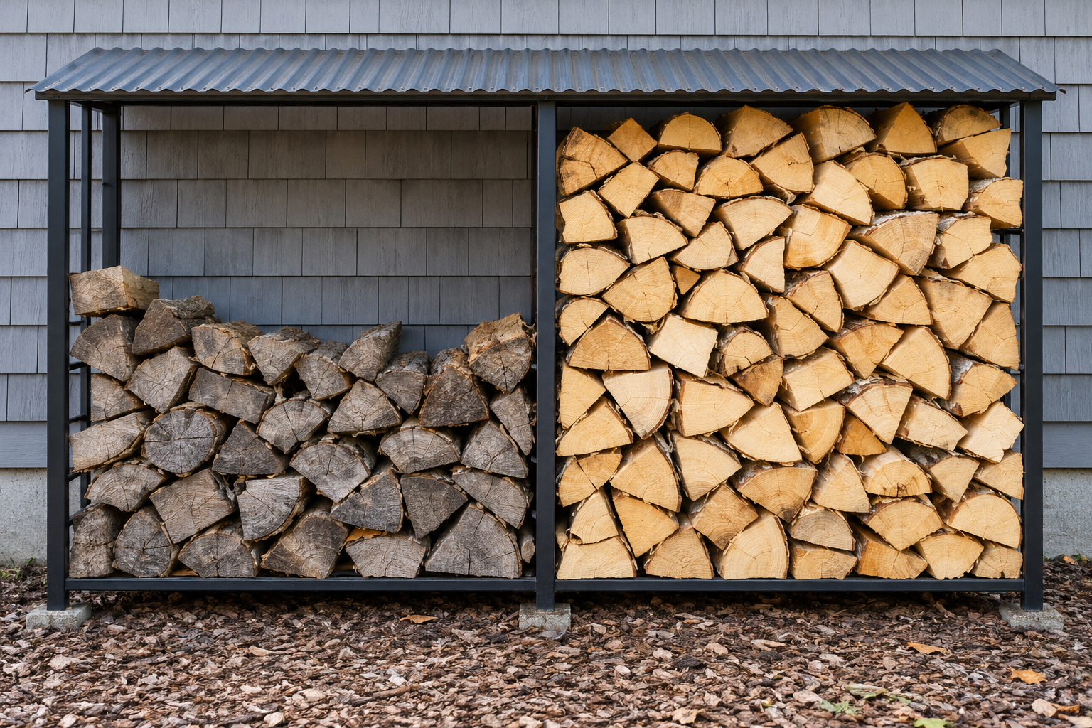 A firewood rack with two bays, one half empty with gray seasoned logs and one full of pale, freshly split logs.