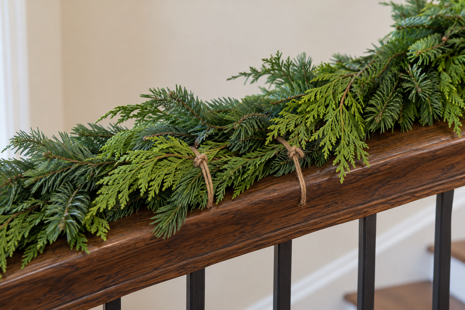 Two lengths of fresh garland overlapped on a dark oak rail and tied together with jute twine.
