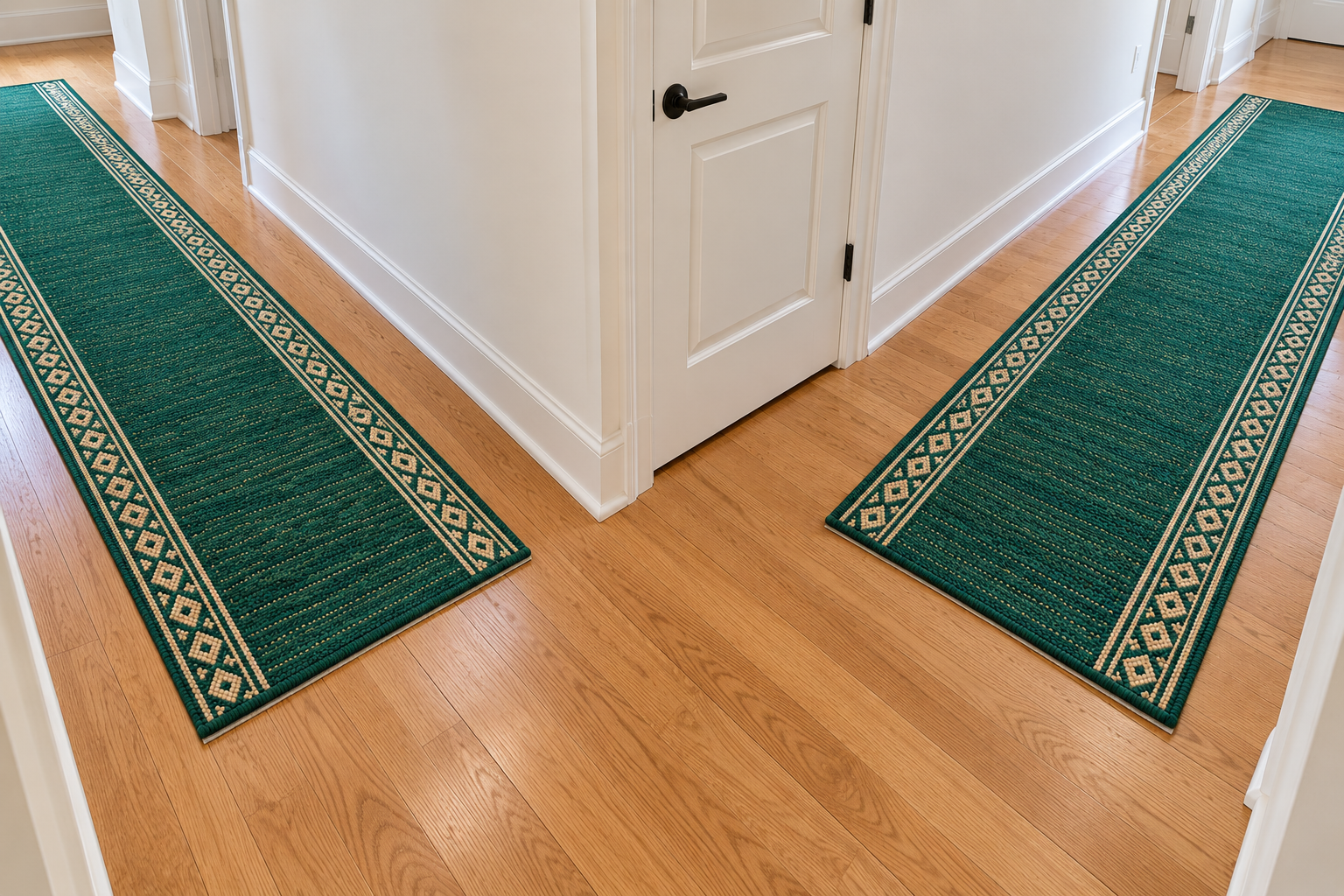 Two matching emerald runners in an L-shaped hallway, each stopping before the corner with a square of oak floor between them.