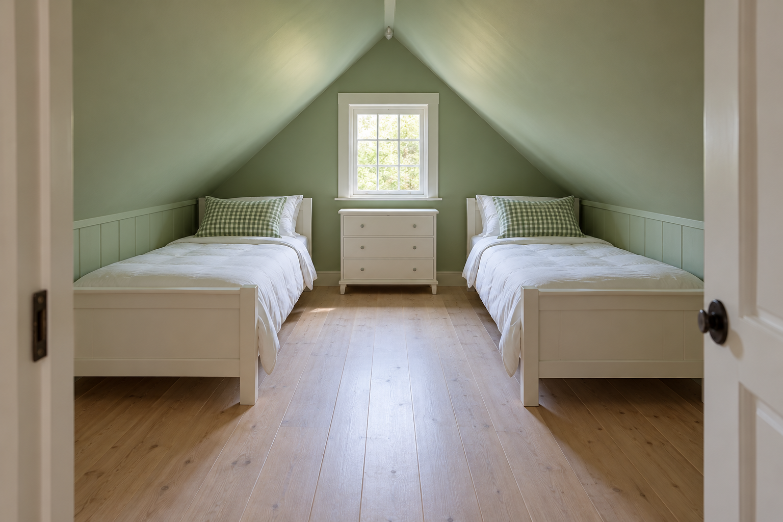 An attic bedroom with pale green slopes and two low white single beds, one tucked under each slope, and a clear path down the middle where the ceiling is highest.