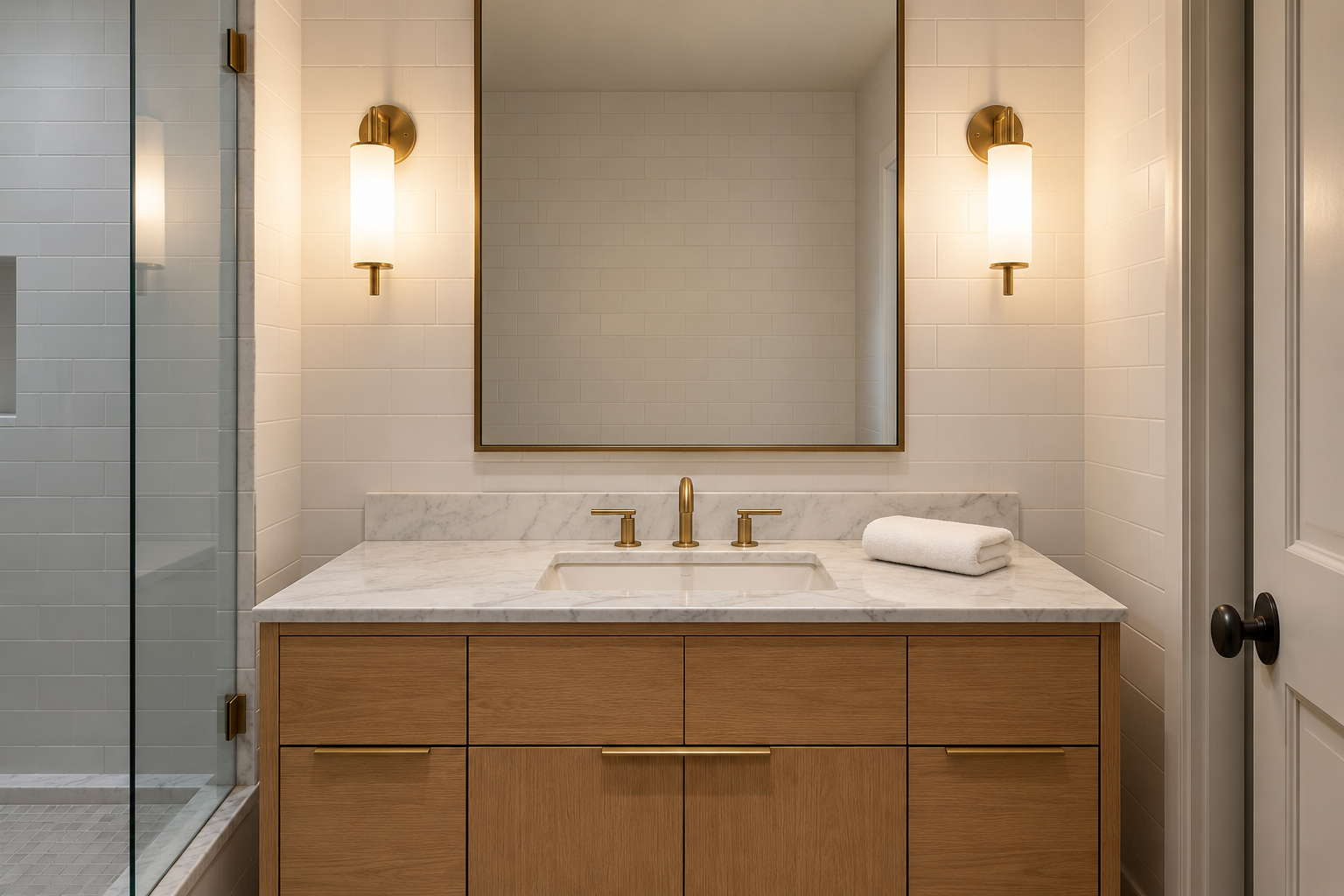A white marble bathroom vanity lit by two brass sconces beside the mirror in clean white light.