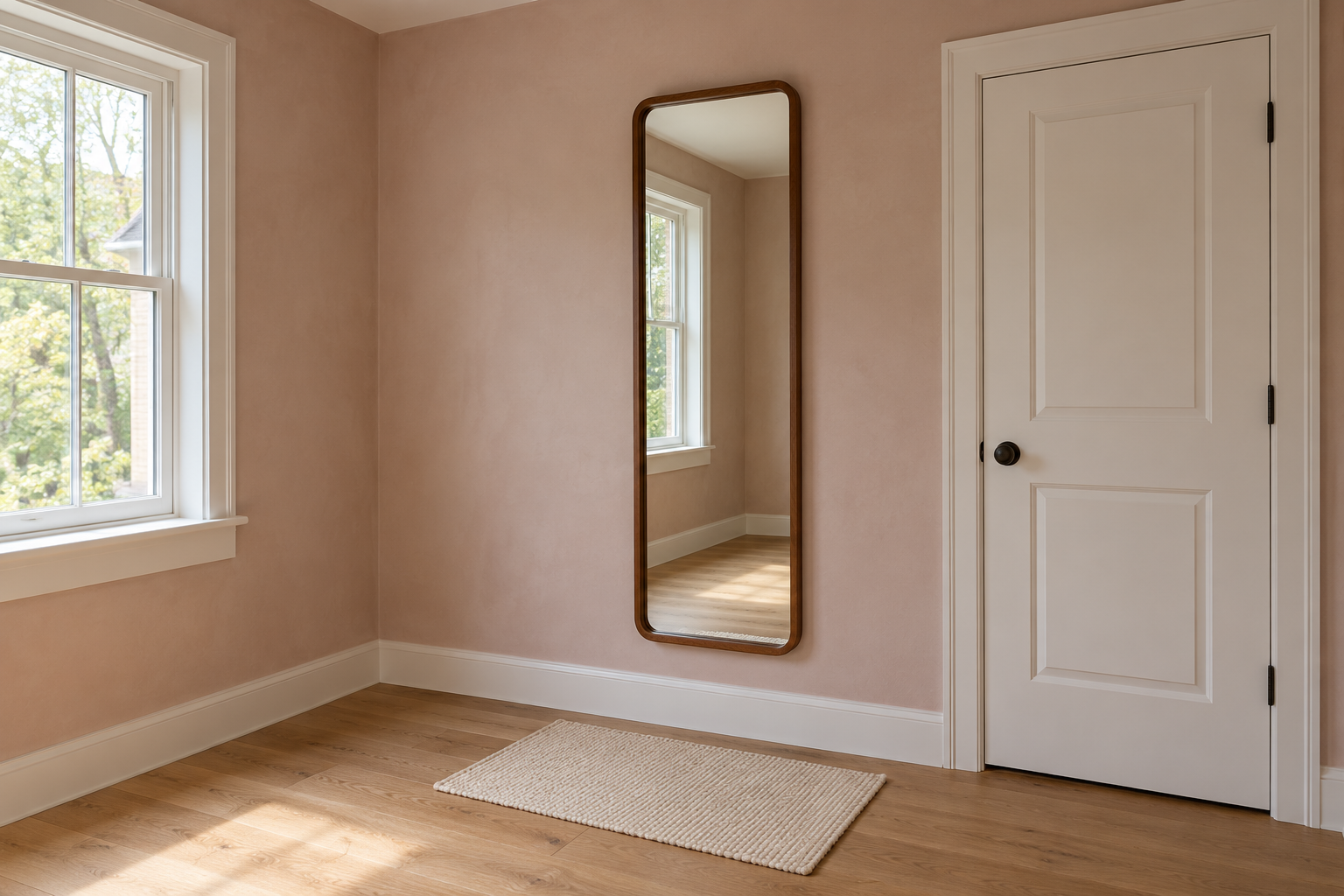 A tall walnut-framed mirror with rounded corners hung on a pale clay plaster bedroom wall beside a white door, its bottom edge about a foot above the oak floor.