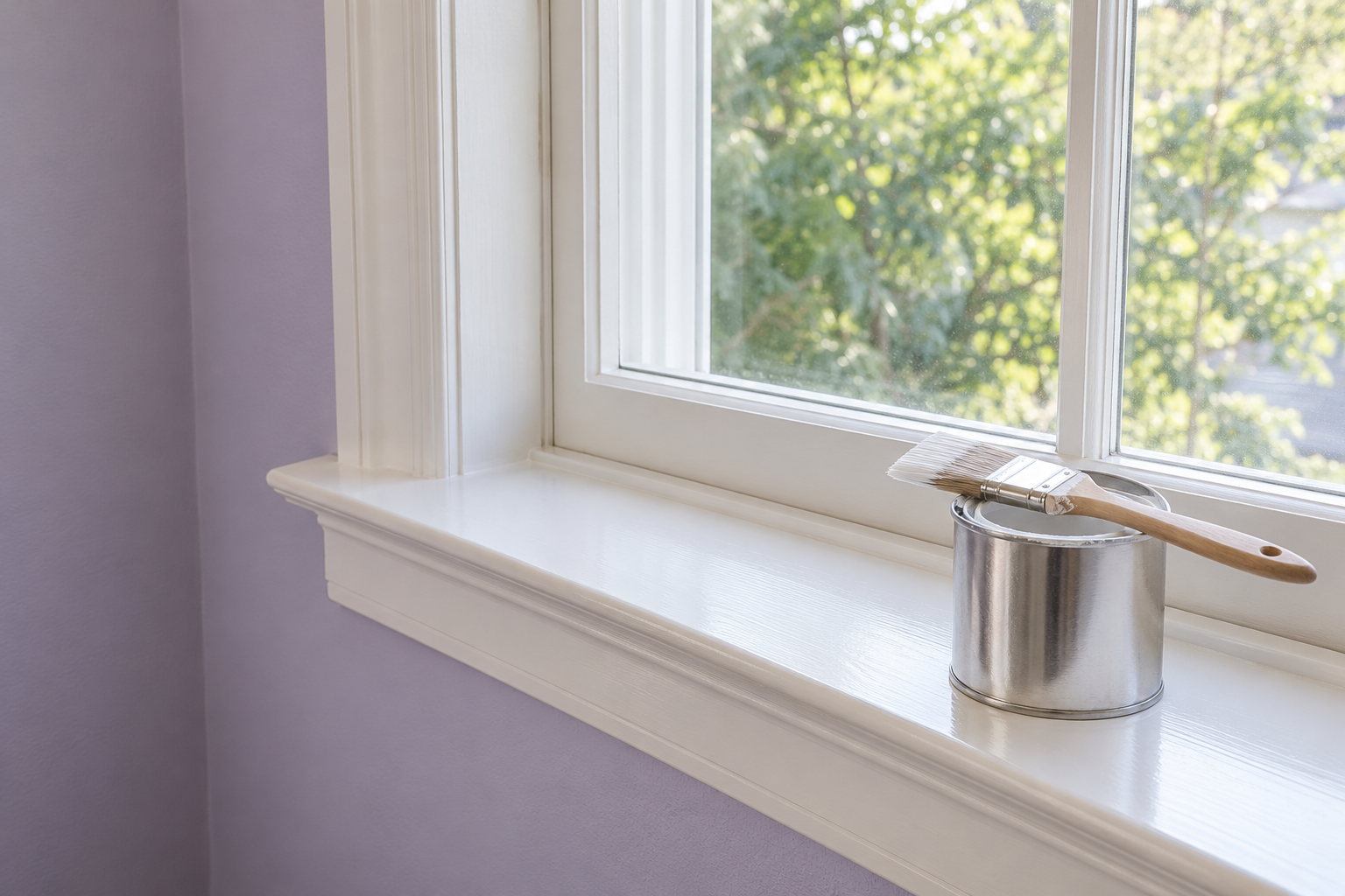 A window casing freshly painted in satin white against a lavender wall, with an angled brush resting across a small quart can on the sill.