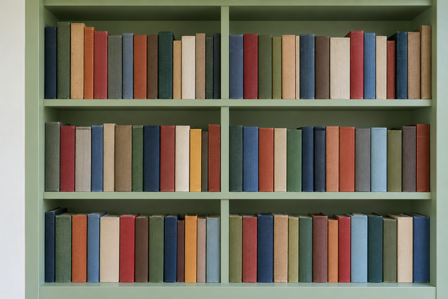 A wide bay of a green bookcase with a slim upright divider at the middle of each shelf, and the shelves straight and level under full rows of books.