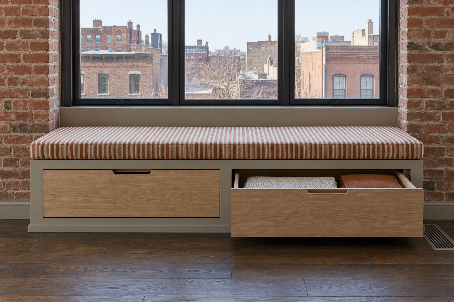 A gray window seat with one wide oak drawer pulled open, holding folded throws, under a window in a brick wall.