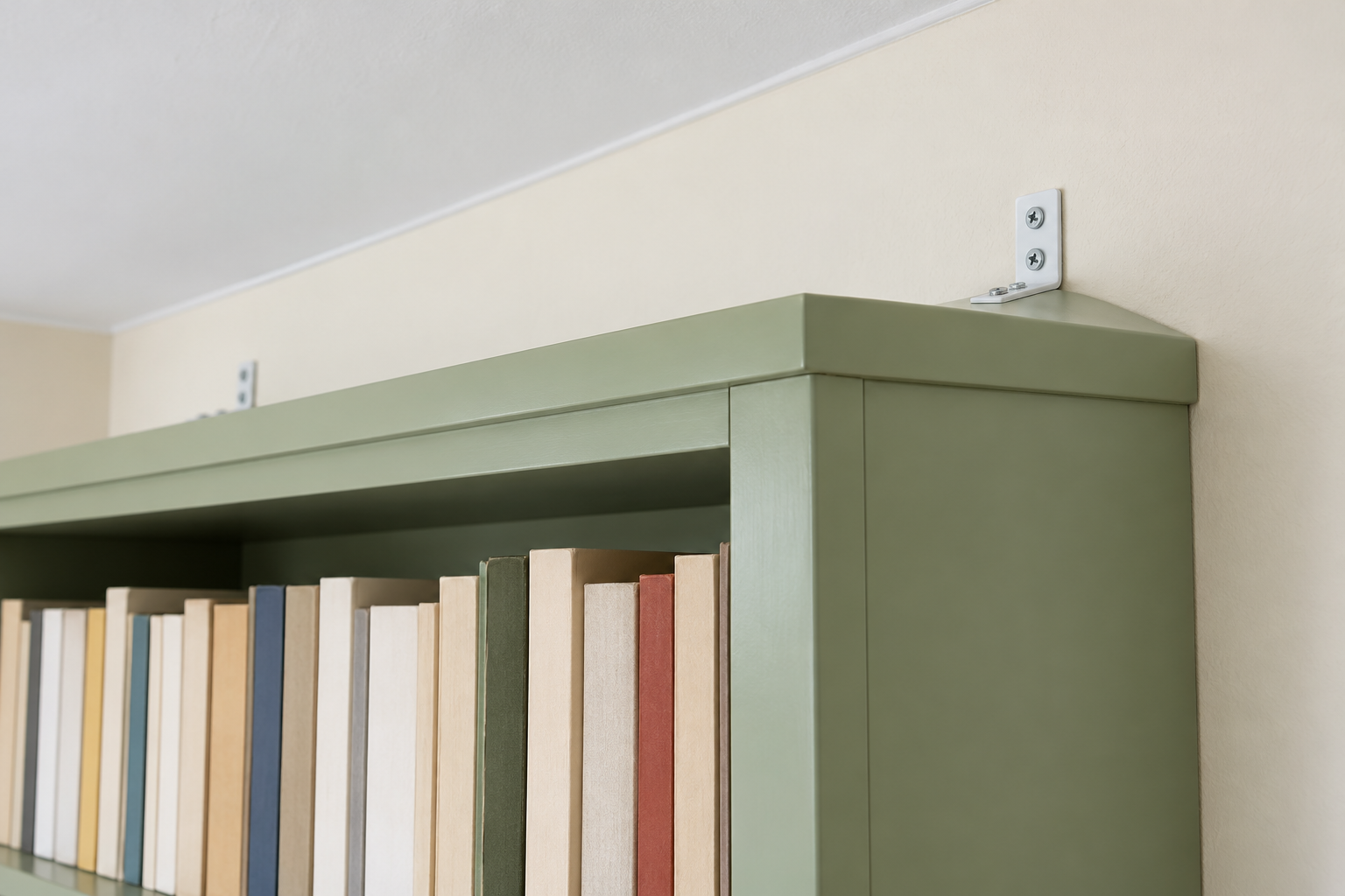A small white steel bracket screwed to the top of a tall green bookcase and to the wall behind it.
