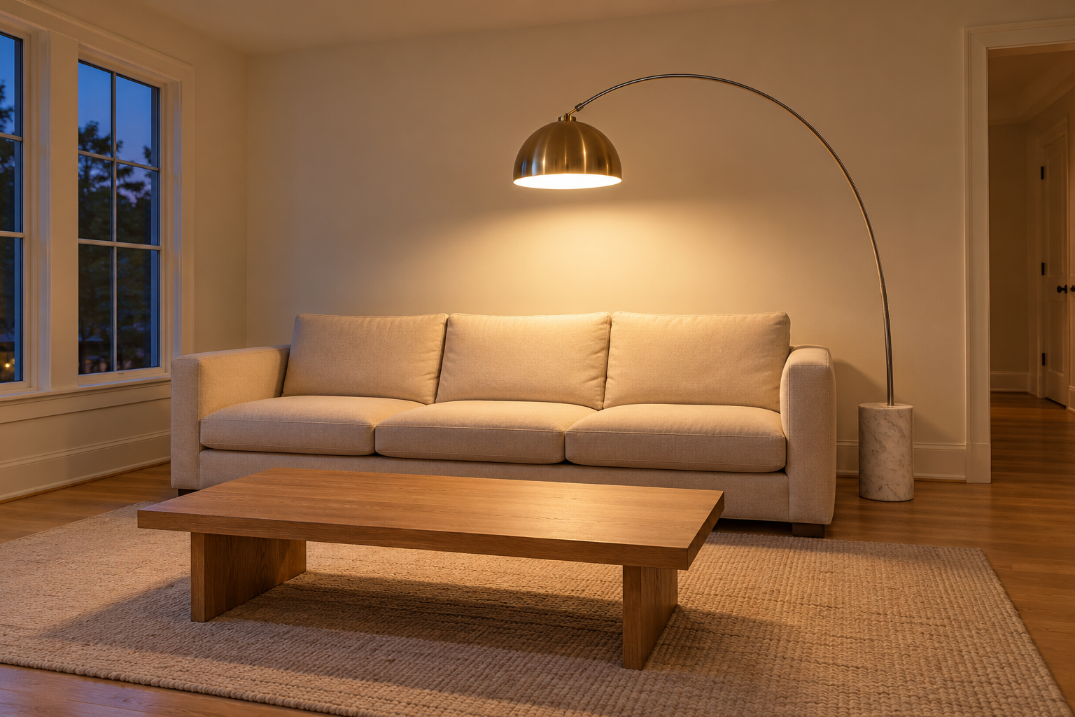 An arc floor lamp with a white marble base behind the end of a sofa, its curved arm reaching over the seat to hang a domed brass shade well above head height.