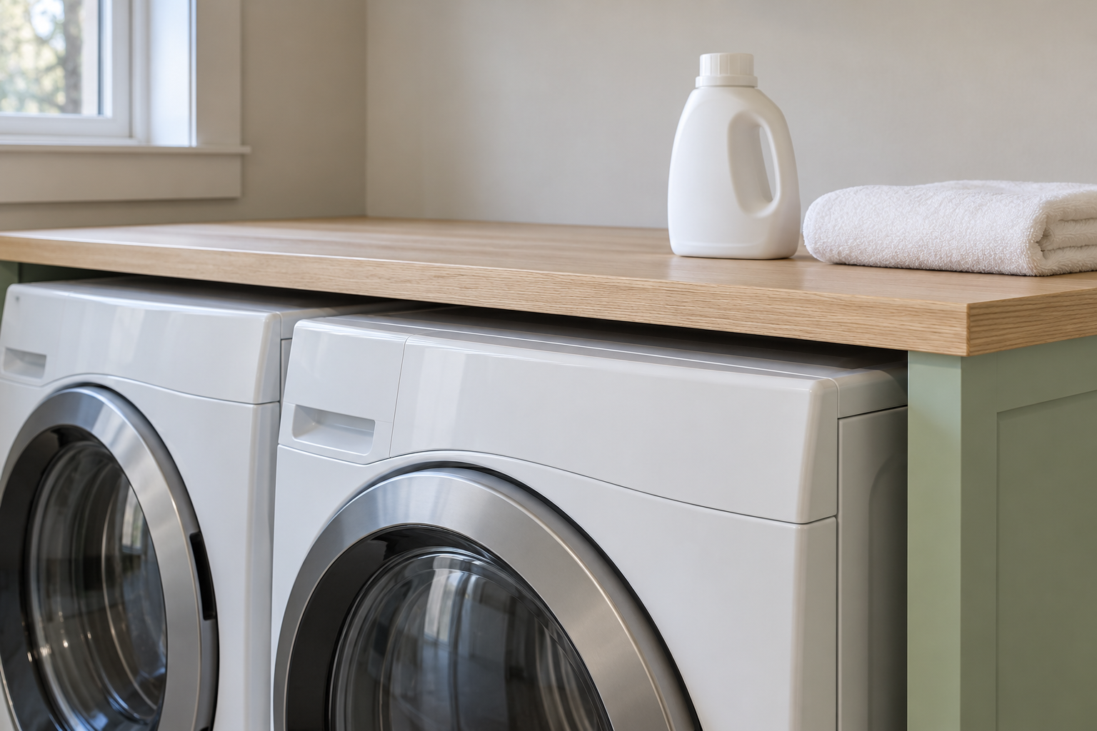 A close view of a pale ash counter running over a white front-loading washer and dryer, with a narrow gap between the machine tops and the underside of the counter.