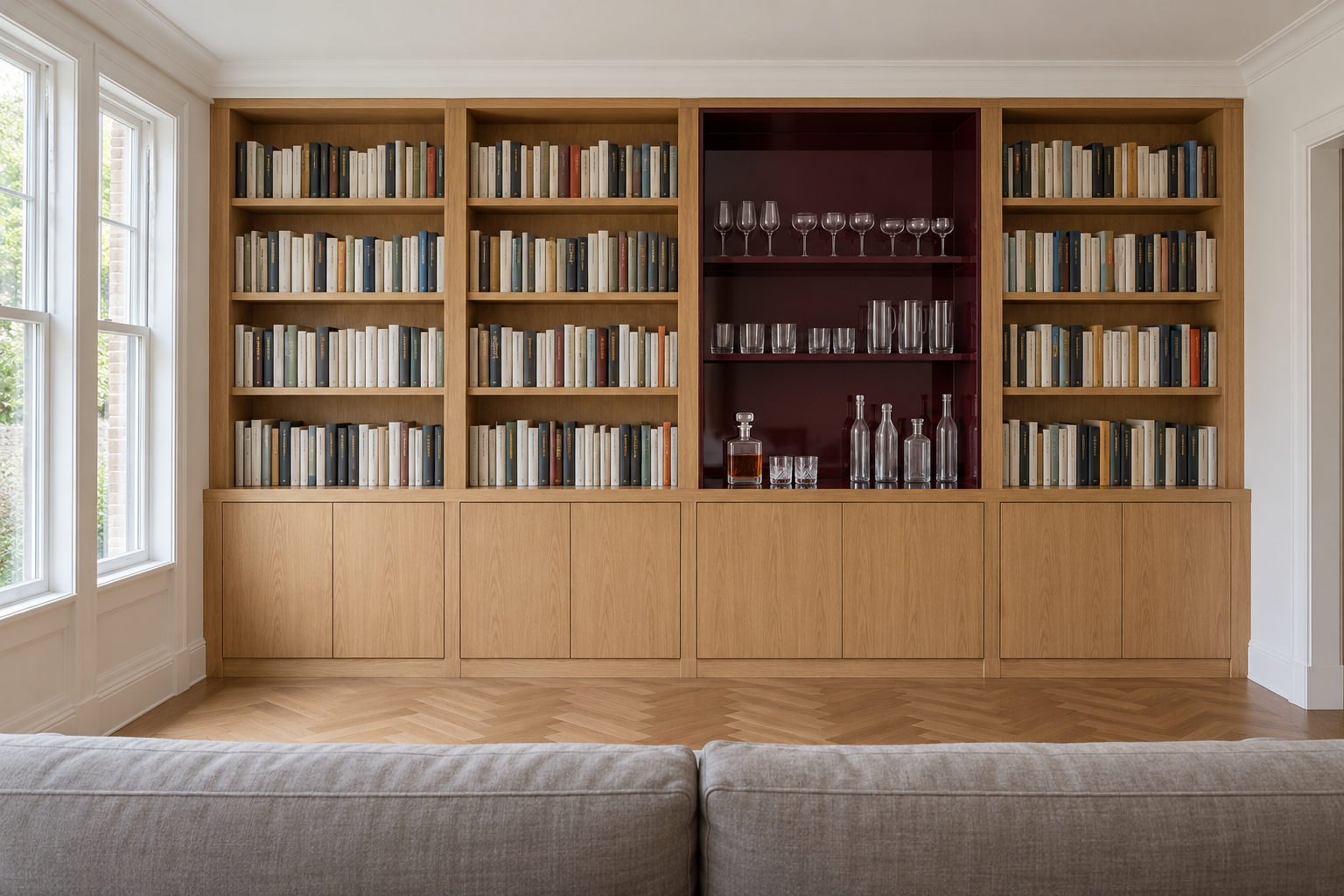 A white oak bookcase wall in a living room with one bay lined in glossy deep wine red lacquer, holding bottles and glasses above a pouring shelf, among bays filled with books.