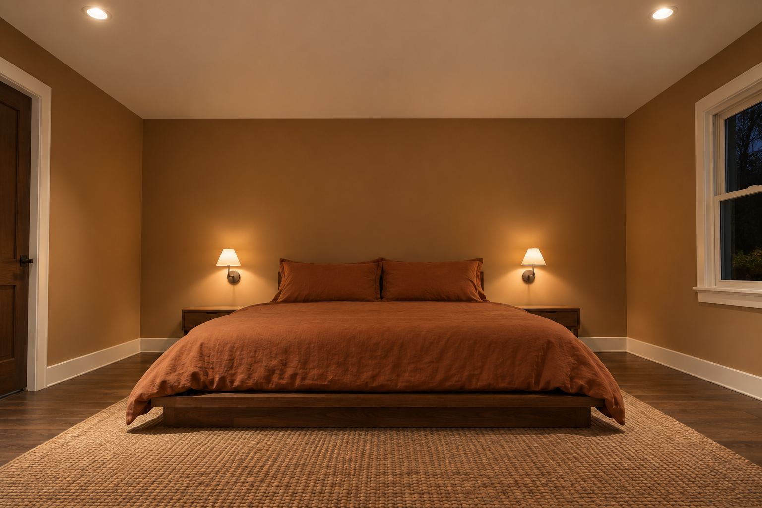 A bedroom with two recessed lights in the ceiling beyond the foot of the bed and none above the pillows, which are lit by two small wall lights.