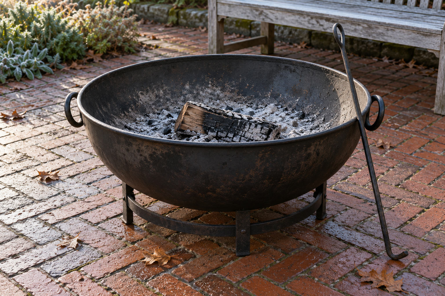 A black steel fire bowl on a ring stand on a brick terrace, holding gray ash and one half-burned log.