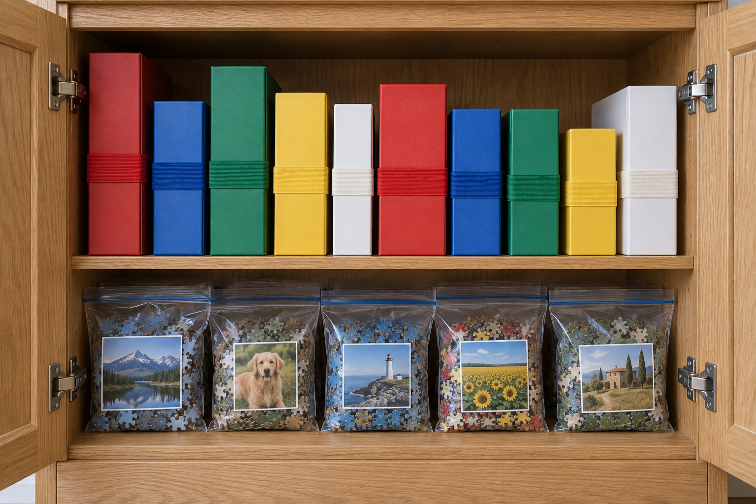 Board game boxes standing on edge in a row inside an oak cabinet, with bags of jigsaw pieces on the shelf below.