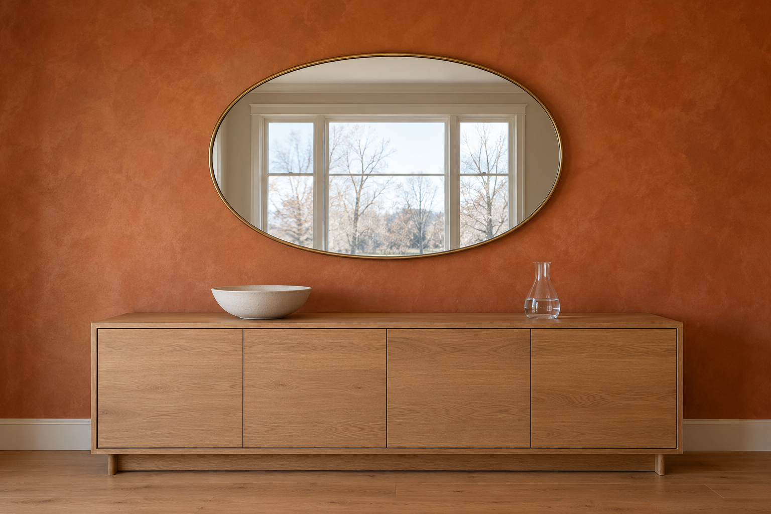 A large oval brass mirror above an oak sideboard on a burnt orange dining room wall, reflecting the bright window on the opposite side of the room.