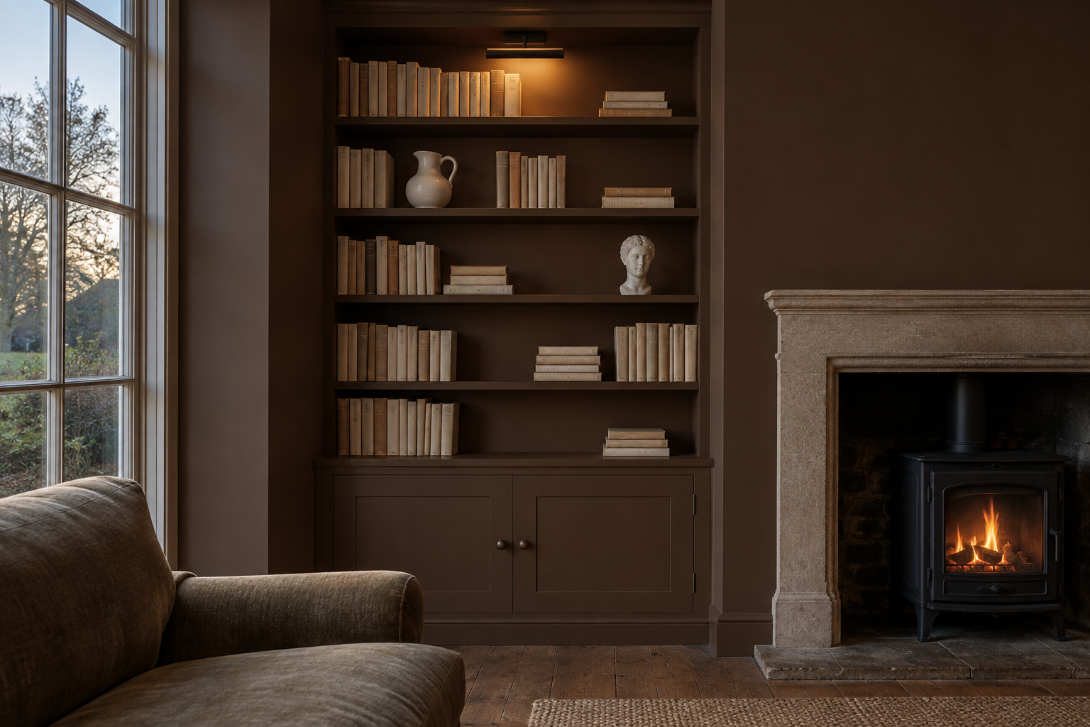 Chocolate brown built-in shelves and wall, with cream book spines and a white jug standing out against them.