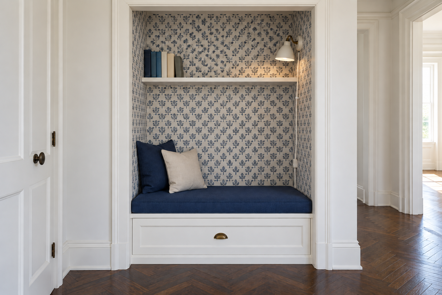 A closet with its doors removed, lined in blue and white patterned wallpaper and fitted with a white bench, a cushion, and a small wall light.