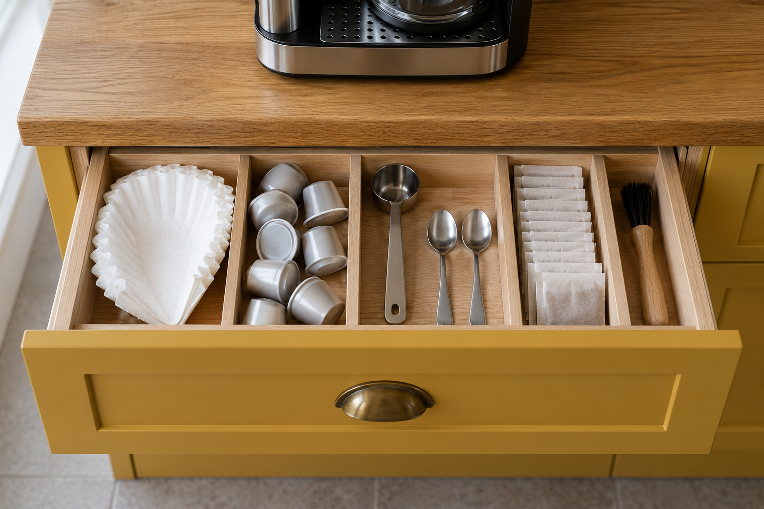 An open mustard yellow kitchen drawer divided into sections for coffee filters, pods, a scoop, and tea.