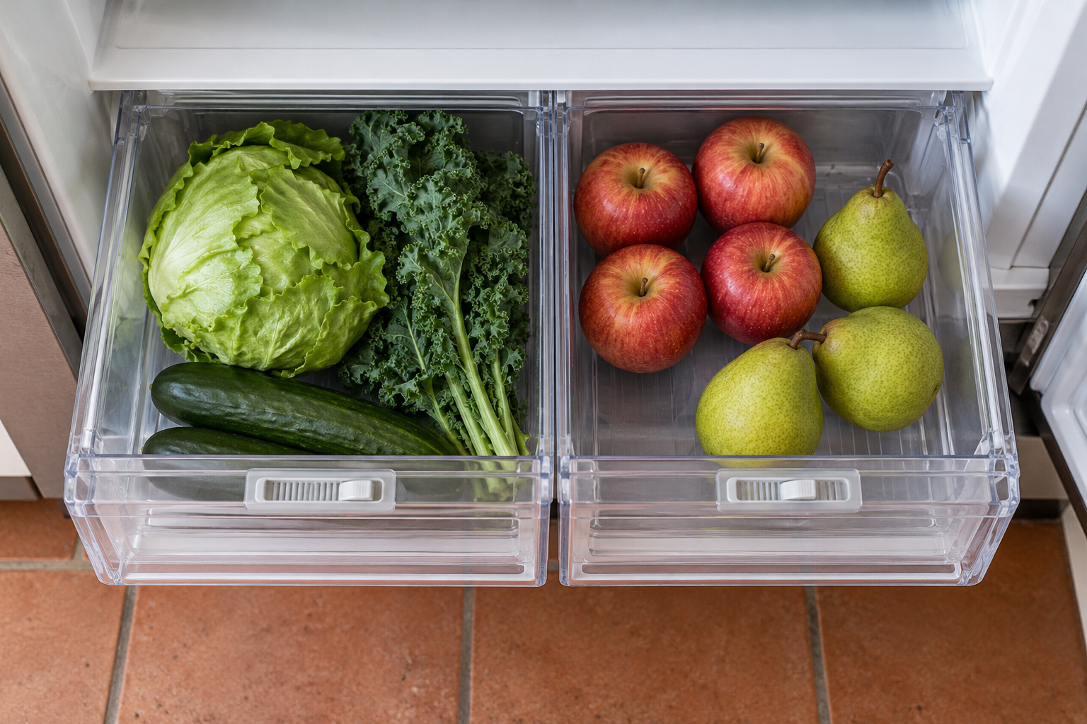 Two refrigerator crisper drawers pulled open, one holding lettuce, kale, and cucumbers and the other apples and pears.
