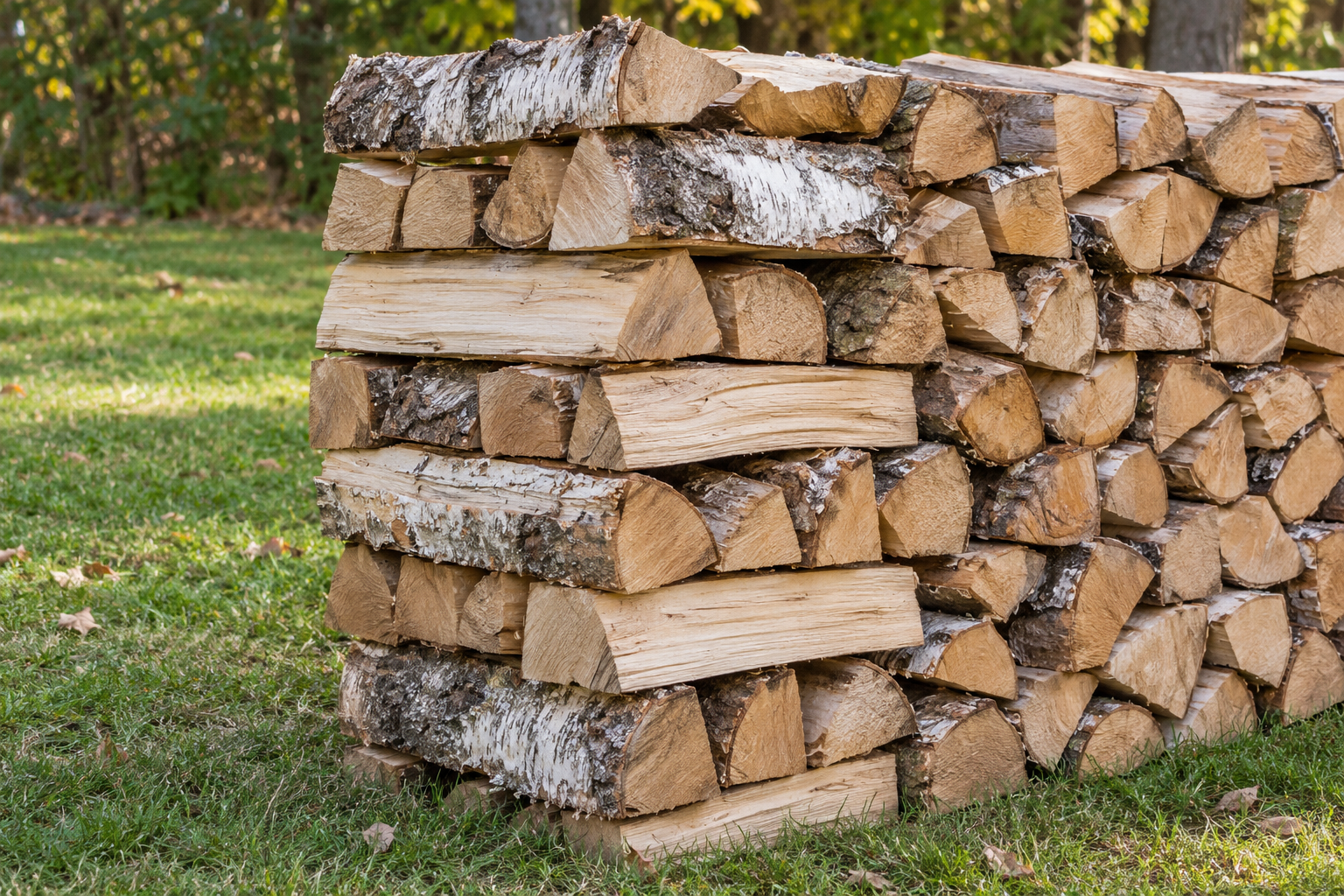 The end of a firewood stack built as a tower, each layer of three logs laid at right angles to the layer below.