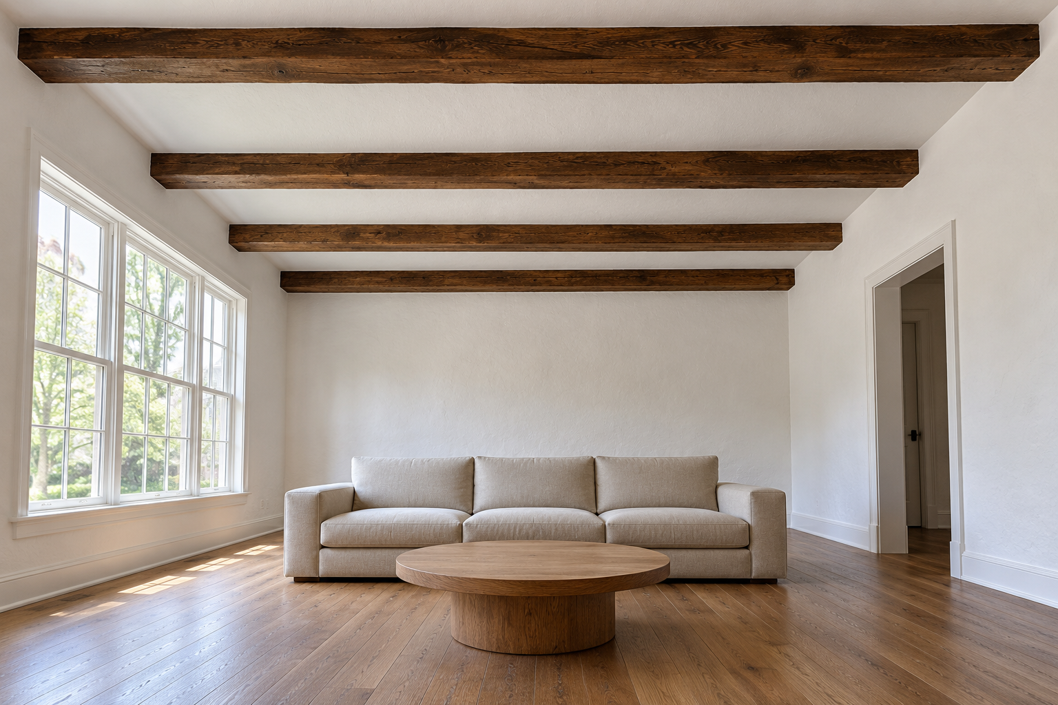 A living room with white plaster walls and ceiling crossed by dark oak beams, over a low linen sofa.
