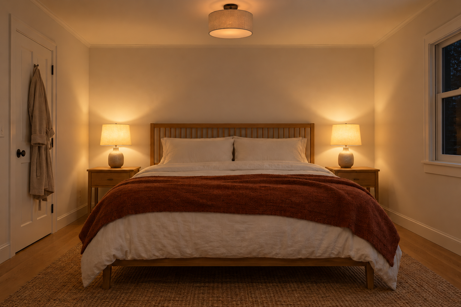 A bedroom in the evening with a ceiling fixture dimmed to a soft glow above two brighter bedside lamps.