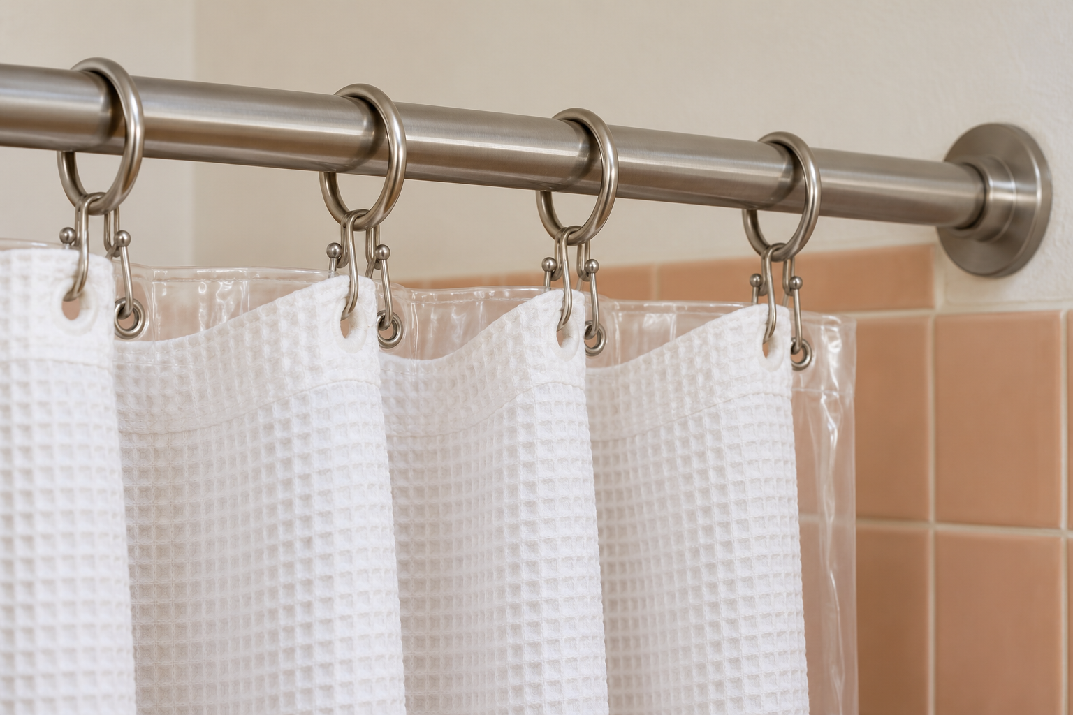 A close view of brushed nickel double shower rings on a nickel rod, each holding a white waffle curtain on one hook and a clear liner on the other.