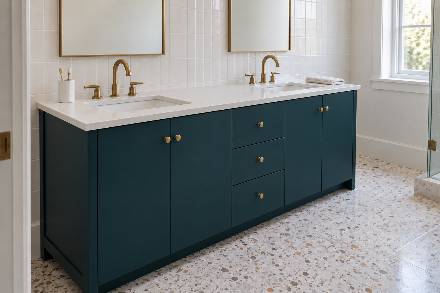 A long teal double vanity with a white top and two rectangular basins set well apart, each with a brass tap.