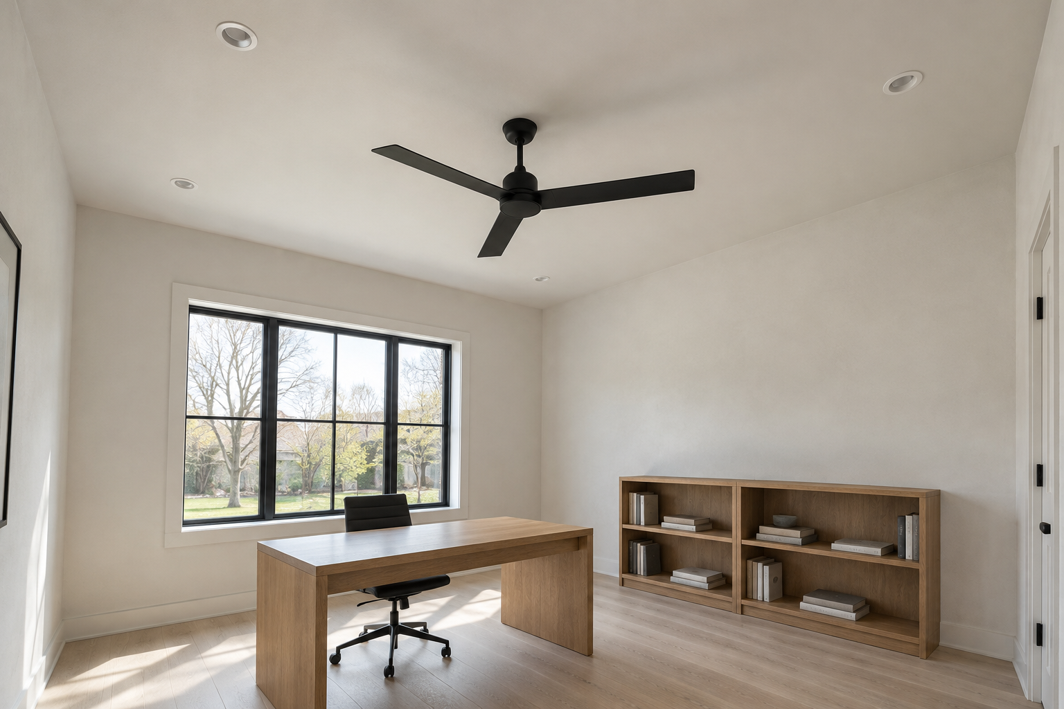 A black ceiling fan in the center of a white study, with small downlights in the ceiling placed well outside the reach of its blades.