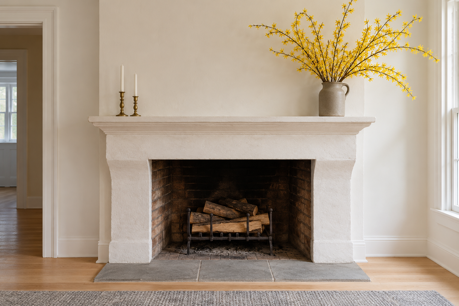 Tall branches of yellow forsythia in flower in a gray stoneware jug on a chalk white plaster fireplace mantel, with nothing else on the mantel.