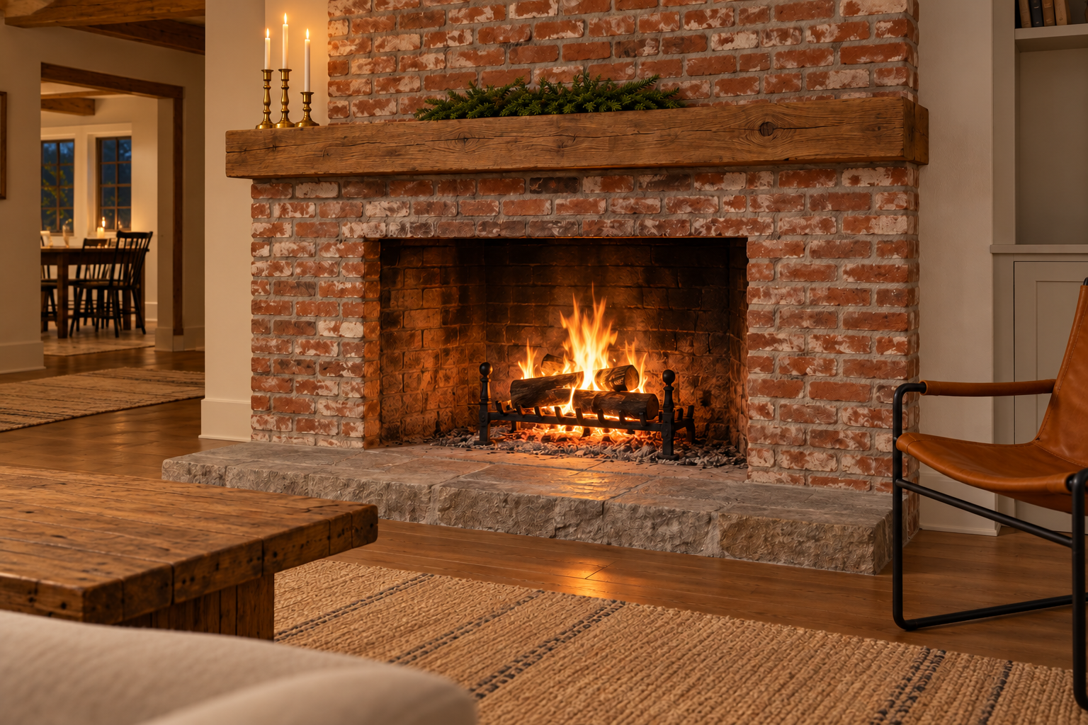 A wood fire burning in a brick fireplace under an oak beam mantel, with a short garland lying on top of the beam and nothing hanging below it.