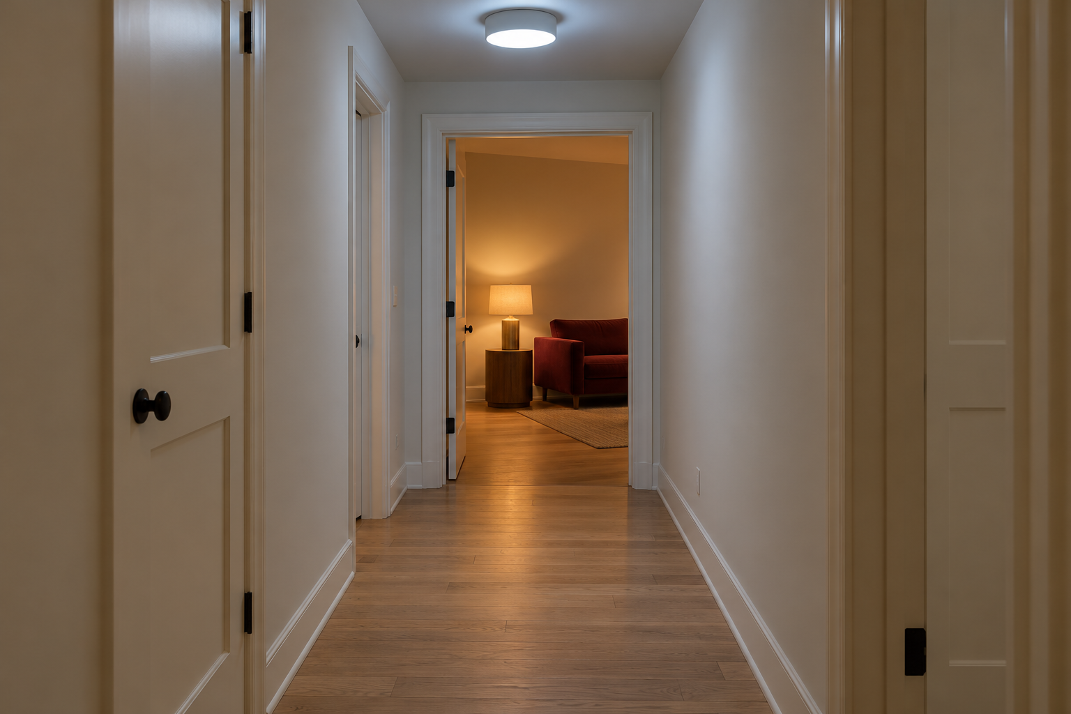 A hallway lit by a cool white ceiling light opening onto a living room lit by a warm lamp, the two colors of light meeting in one view.