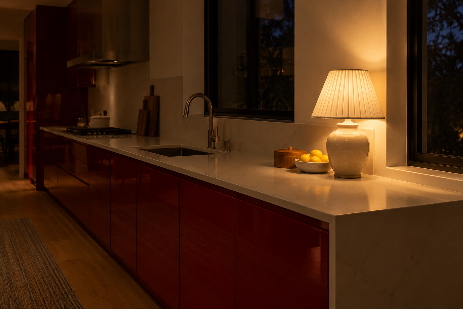 A ceramic table lamp with a pleated linen shade lit at the end of a kitchen counter, with cherry red cabinets below.