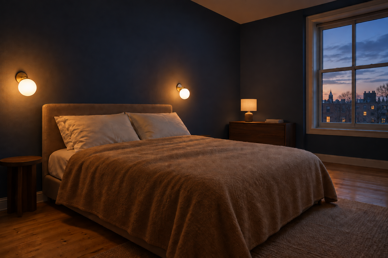 A navy bedroom at dusk with glass wall lights by the bed and a lamp lighting the far corner.