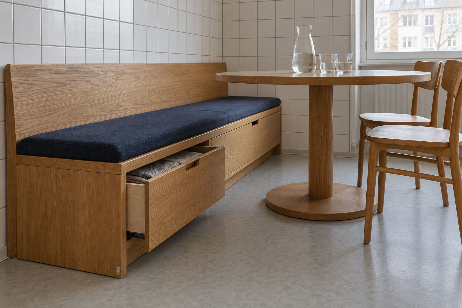 An oak dining bench with a drawer half open beside a round table, against a white tiled wall.