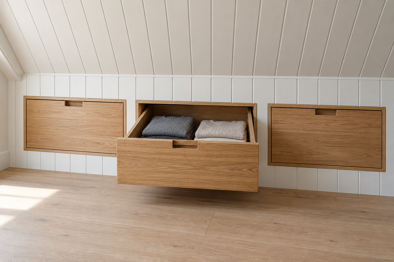 Oak drawers built into the low knee wall of an attic bedroom, set flush into white painted boards below the sloping ceiling, with one drawer pulled out.