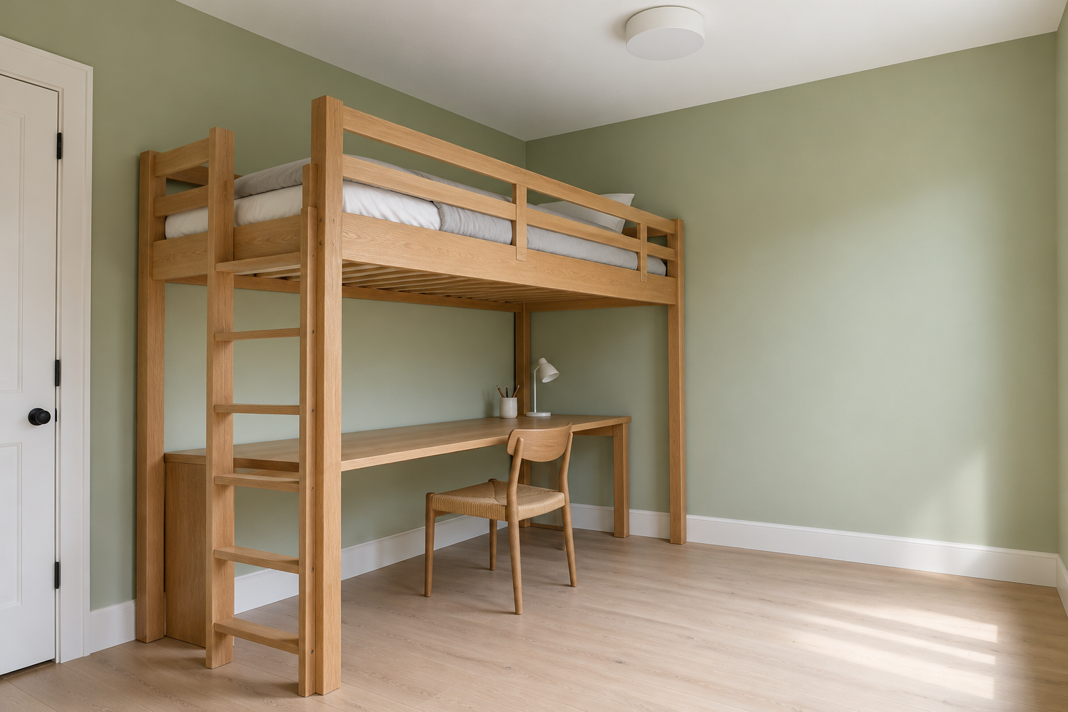 An oak high loft bed above a long desk in a bedroom with pale green walls and a tall white ceiling, with space for a chair under the loft and clear headroom above the mattress.